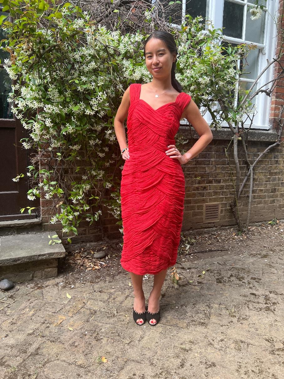 1960s Red Silk Chiffon Pleated Dress with Train For Sale 1
