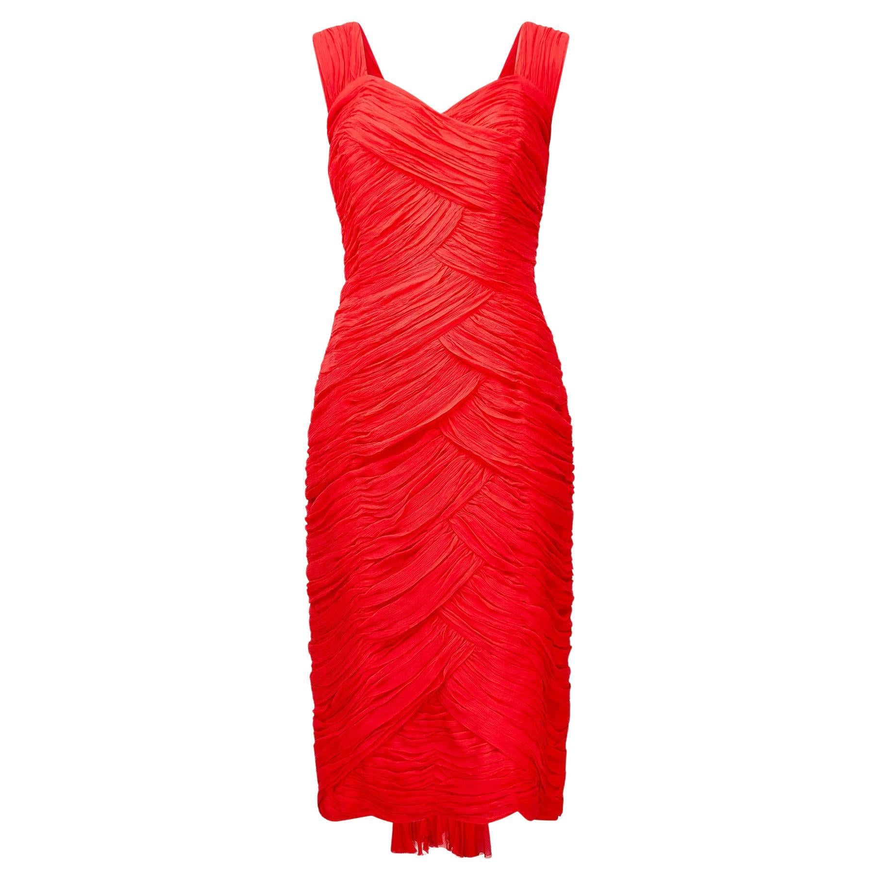 1960s Red Silk Chiffon Pleated Dress with Train For Sale