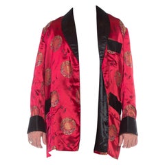 Vintage 1960S Red Silk Jacquard Asian Smoking Jacket