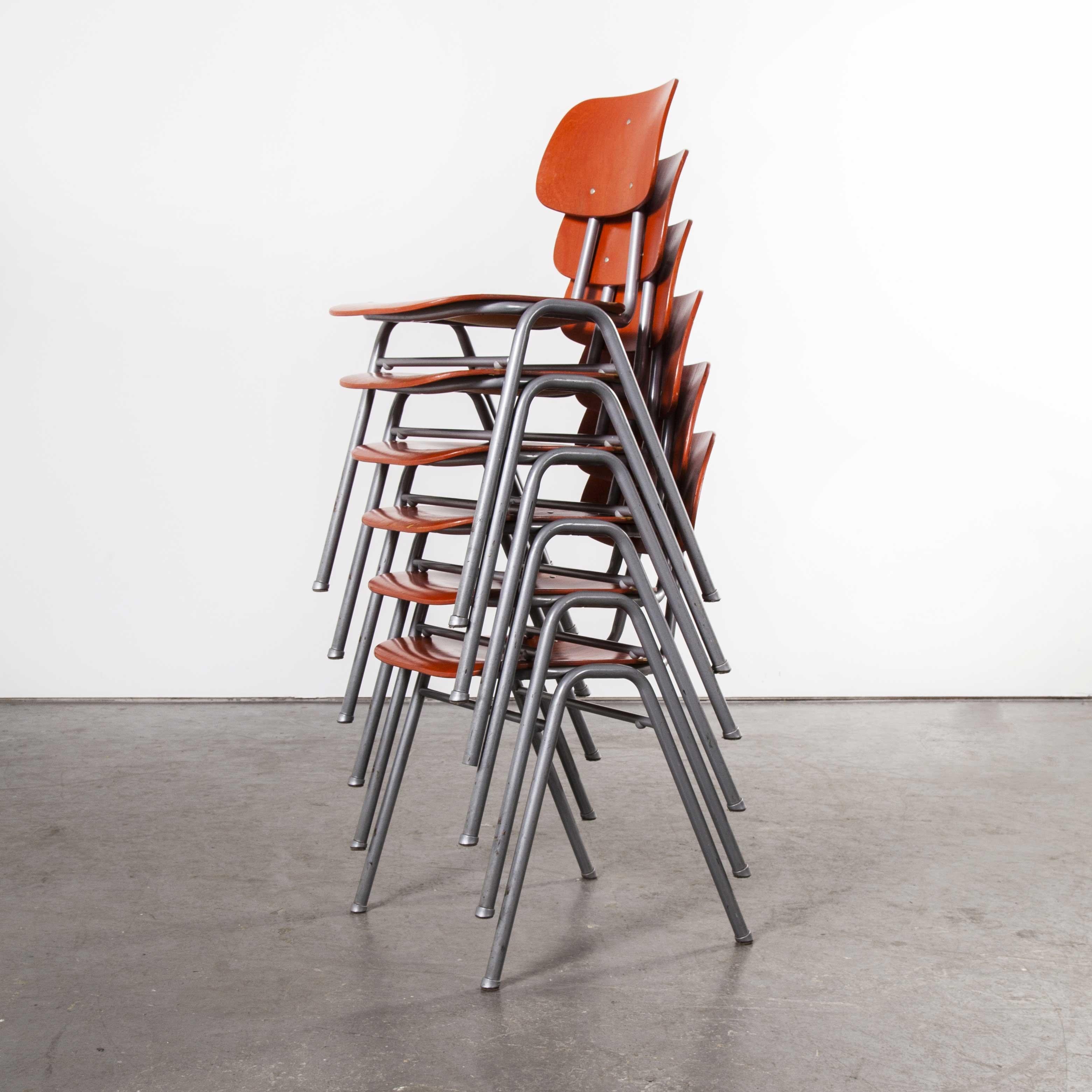 Birch 1960s Red Stacking School, University Dining Chair, Set of Six