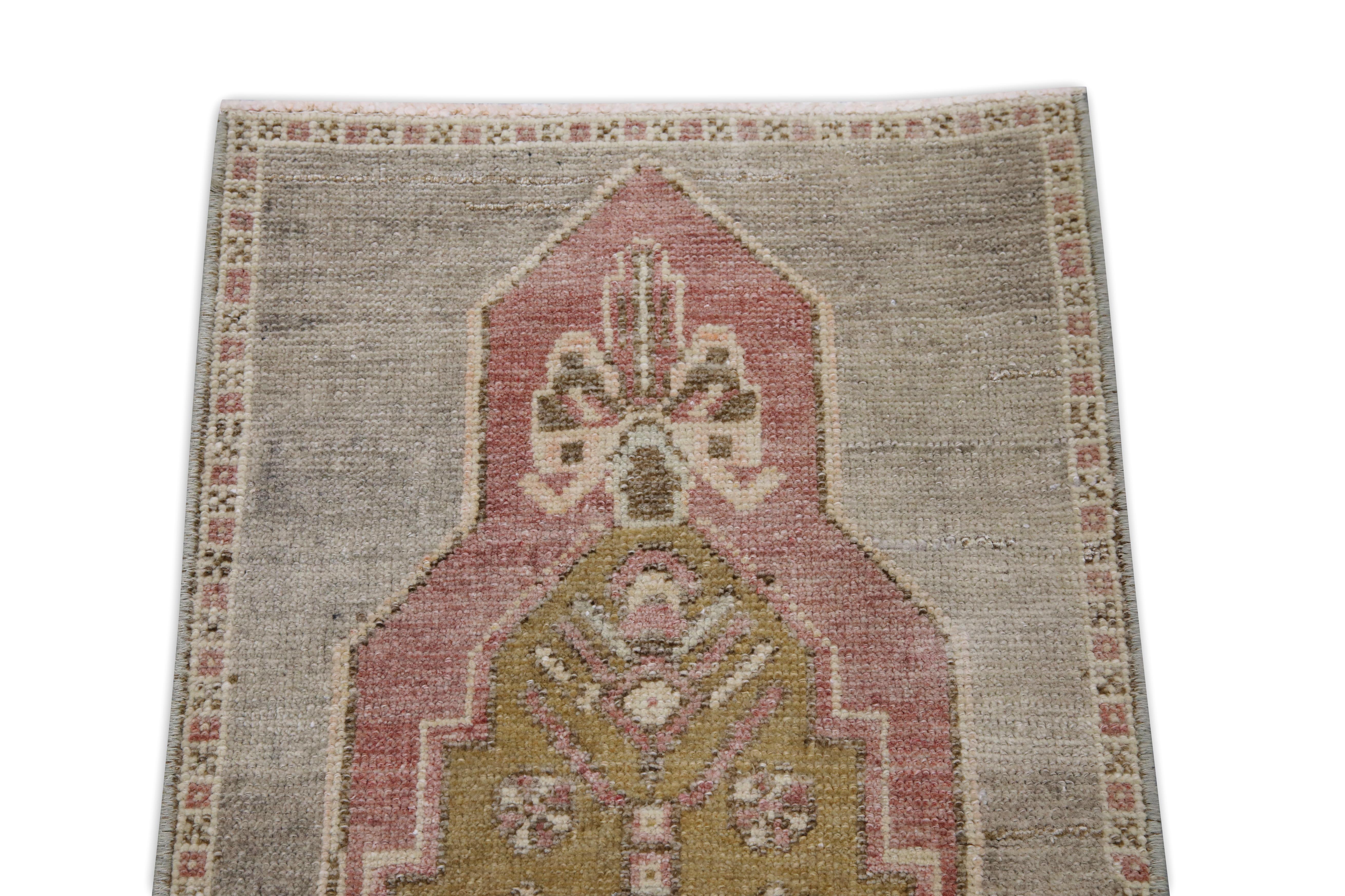 Hand-Woven 1960s Red & Taupe Vintage Turkish Mini Rug 1'4
