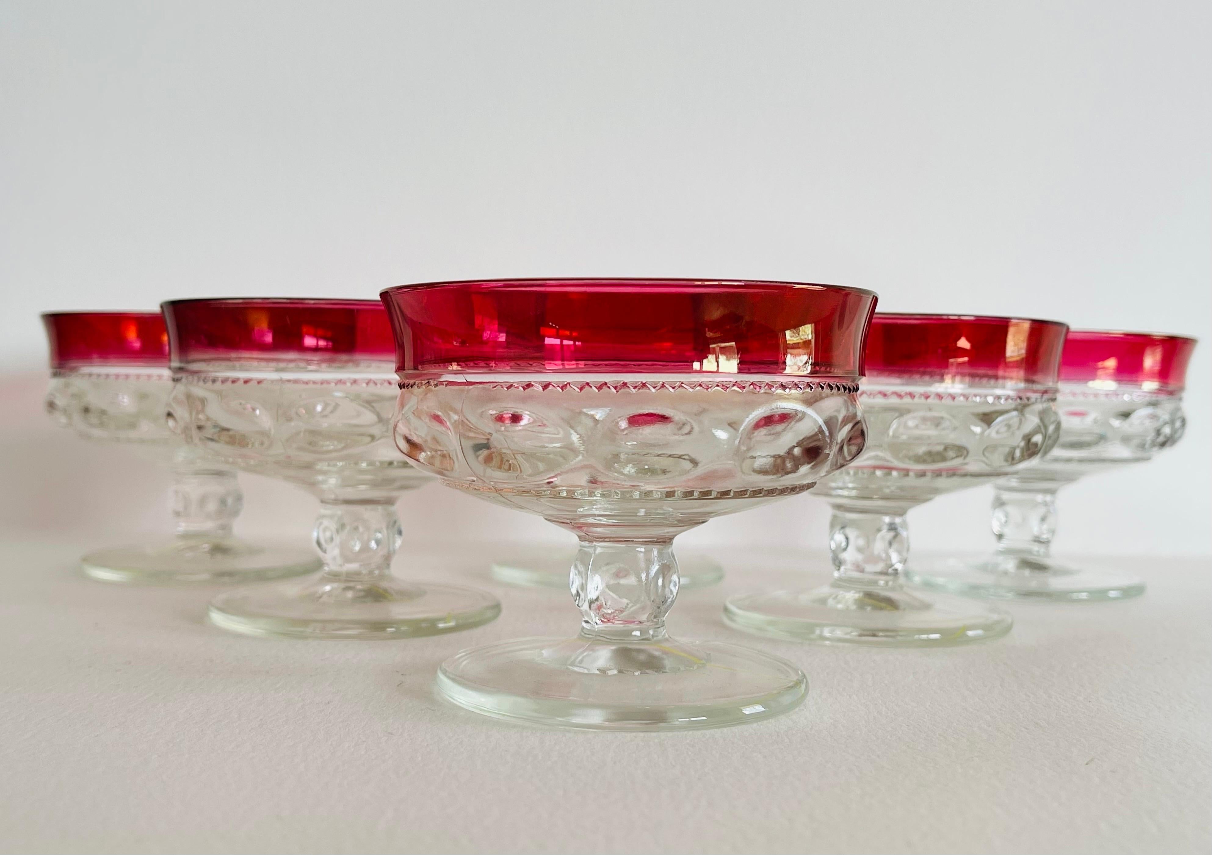 Mid-Century Modern 1960s Red Thumbprint Glass Coupes, Set of 6 For Sale
