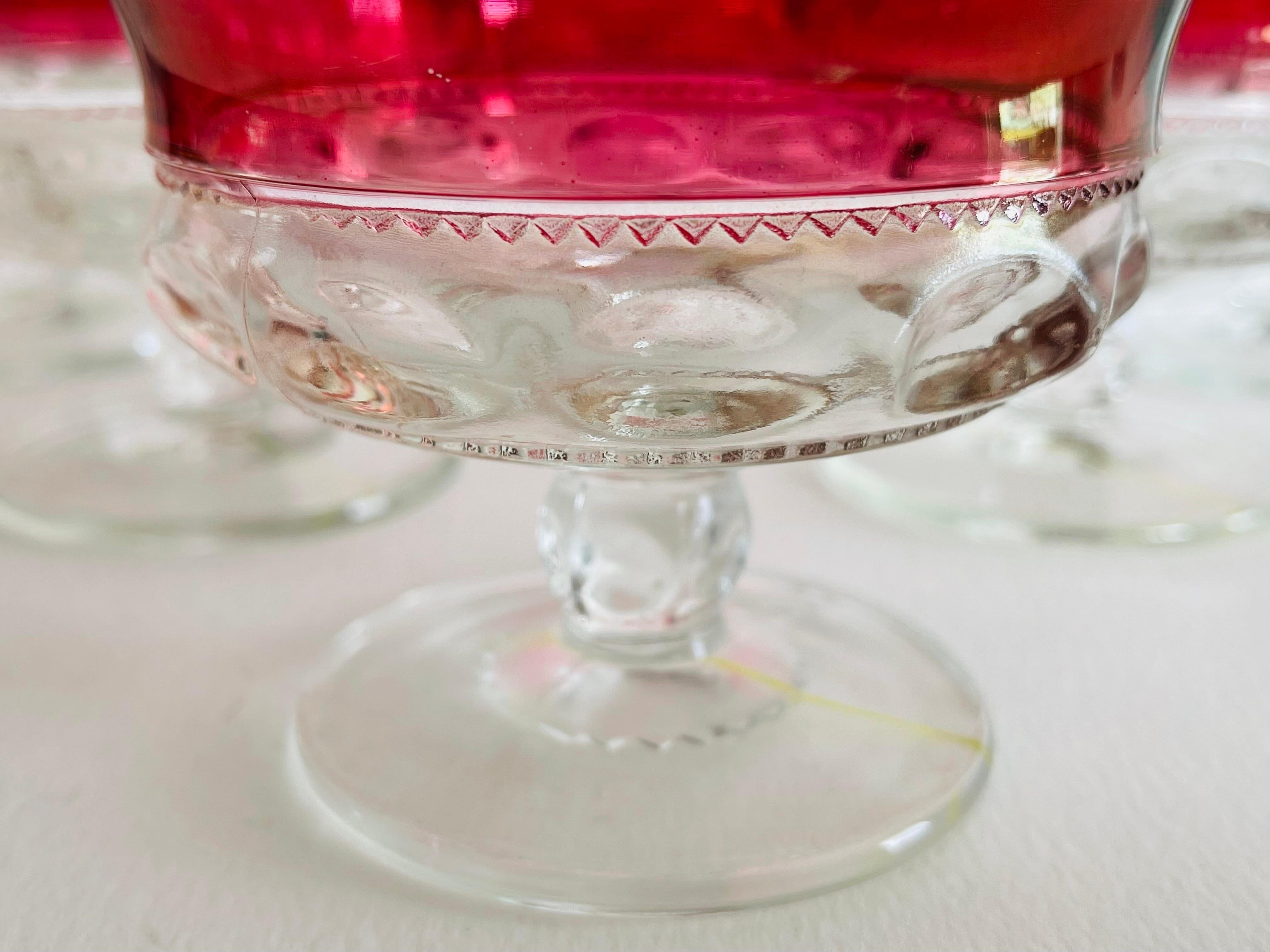 1960s Red Thumbprint Glass Coupes, Set of 6 In Good Condition For Sale In Amherst, NH