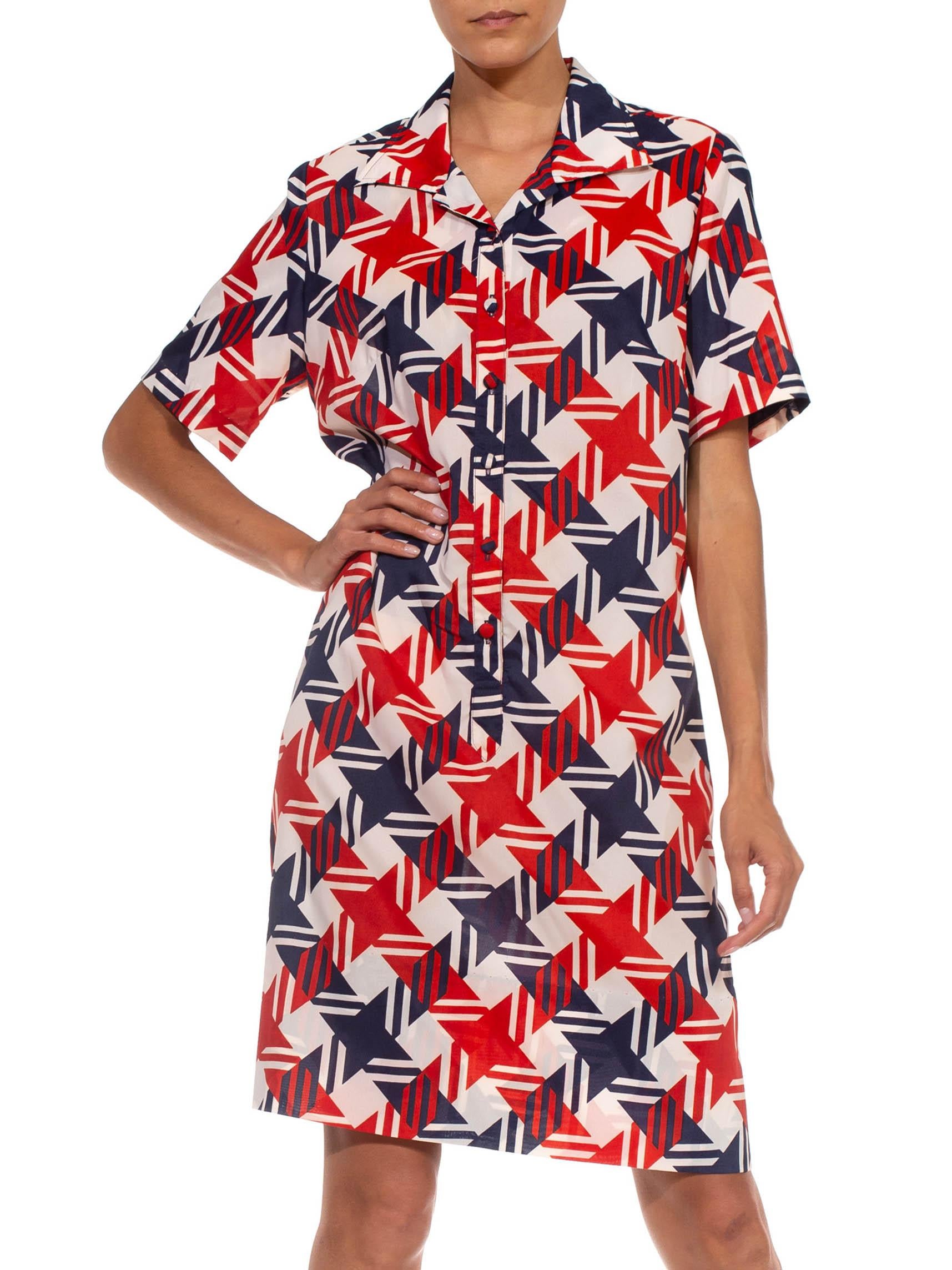 Beige 1960S Red White & Blue Polyester Gingham Plaid Print Mod Dress For Sale