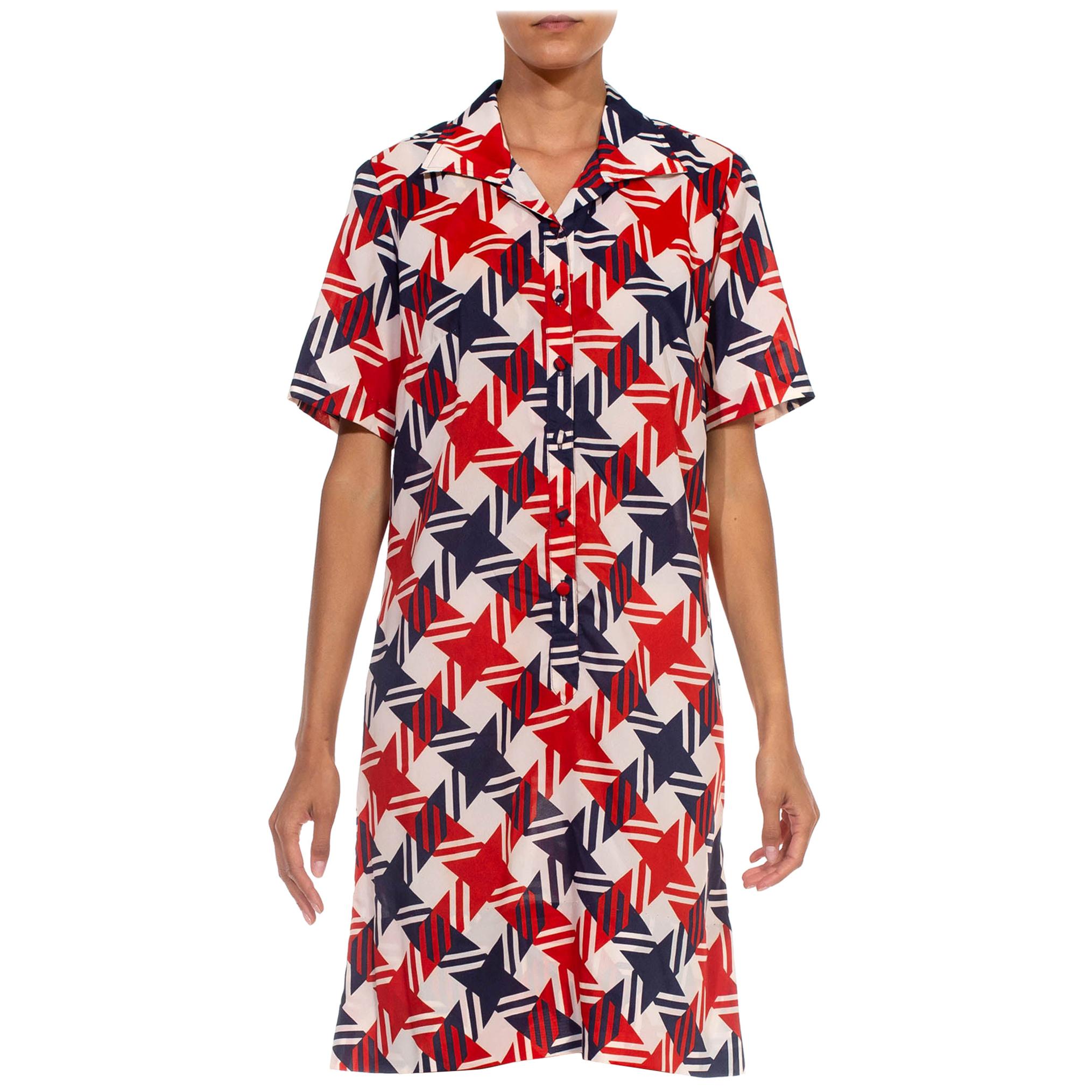 1960S Red White & Blue Polyester Gingham Plaid Print Mod Dress For Sale