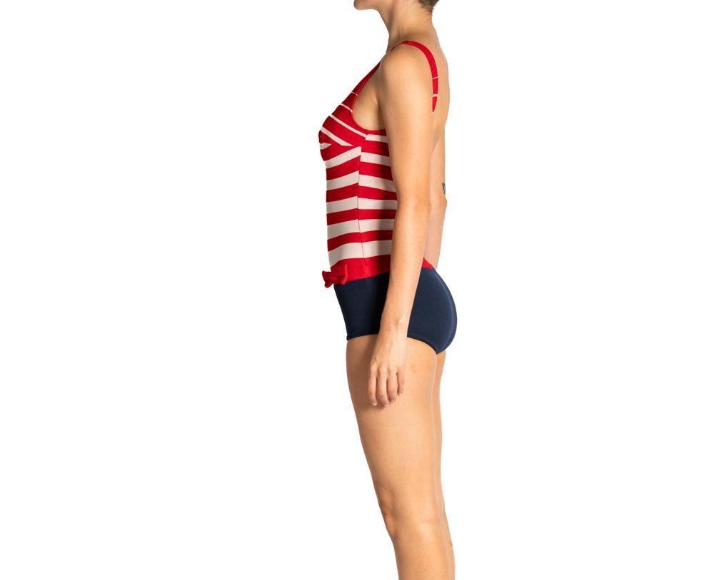 Beige 1960S Red & White Polyester Knit Swimsuit Romper For Sale