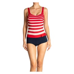 1960S Red & White Polyester Knit Swimsuit Romper