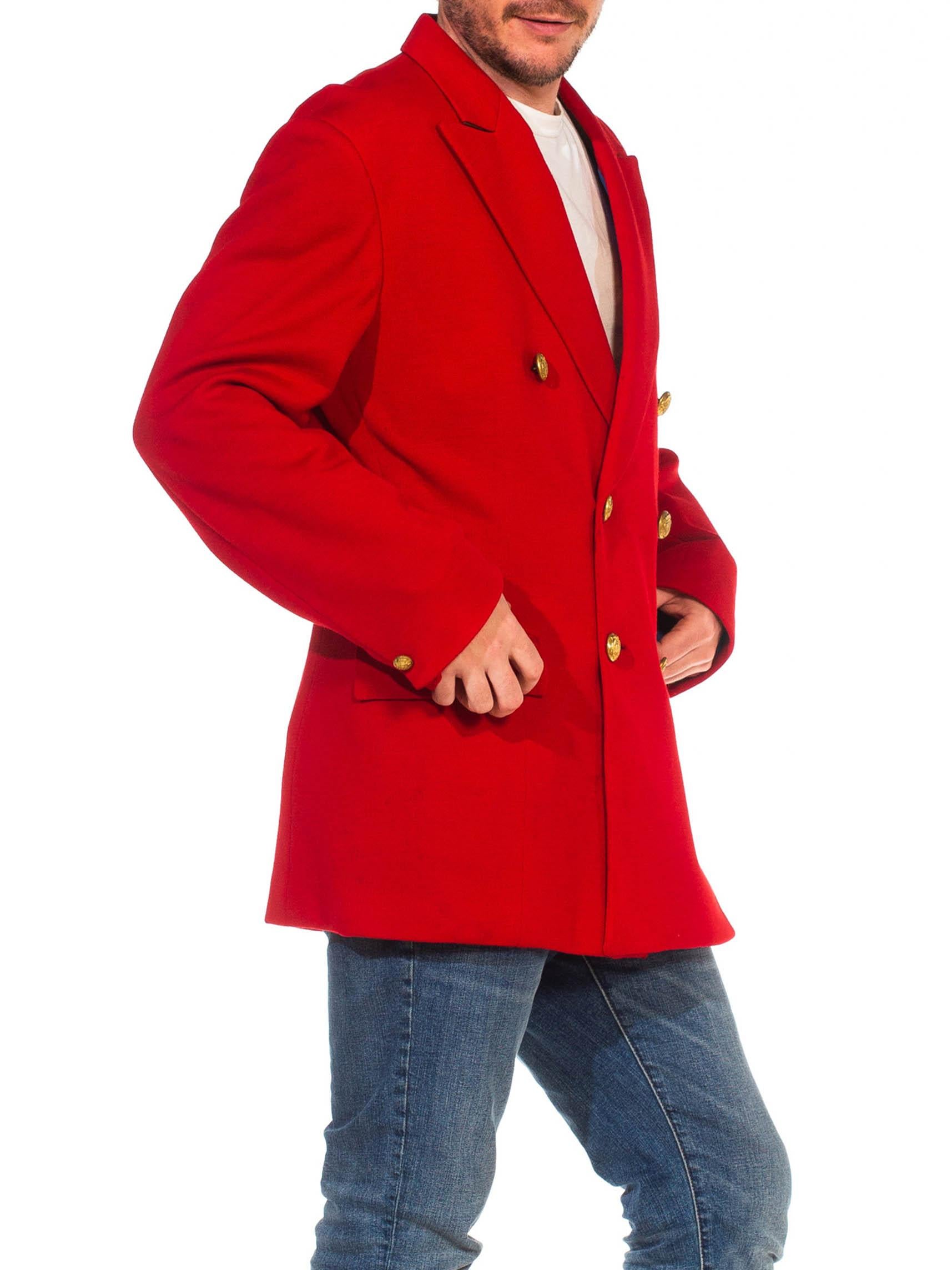 Men's 1960S Red Wool Jersey Double Breasted Peak Lapel Blazer  With Gold Heraldic But