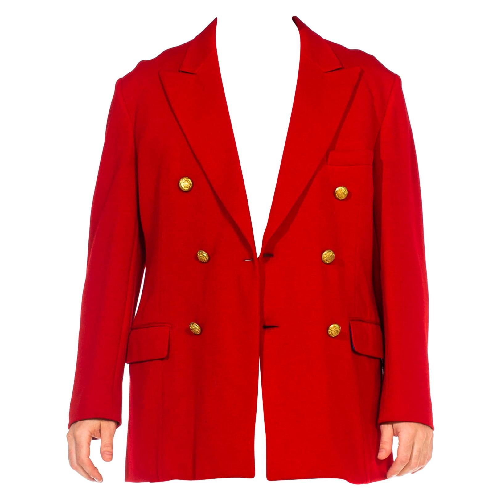 1960S Red Wool Jersey Double Breasted Peak Lapel Blazer  With Gold Heraldic But