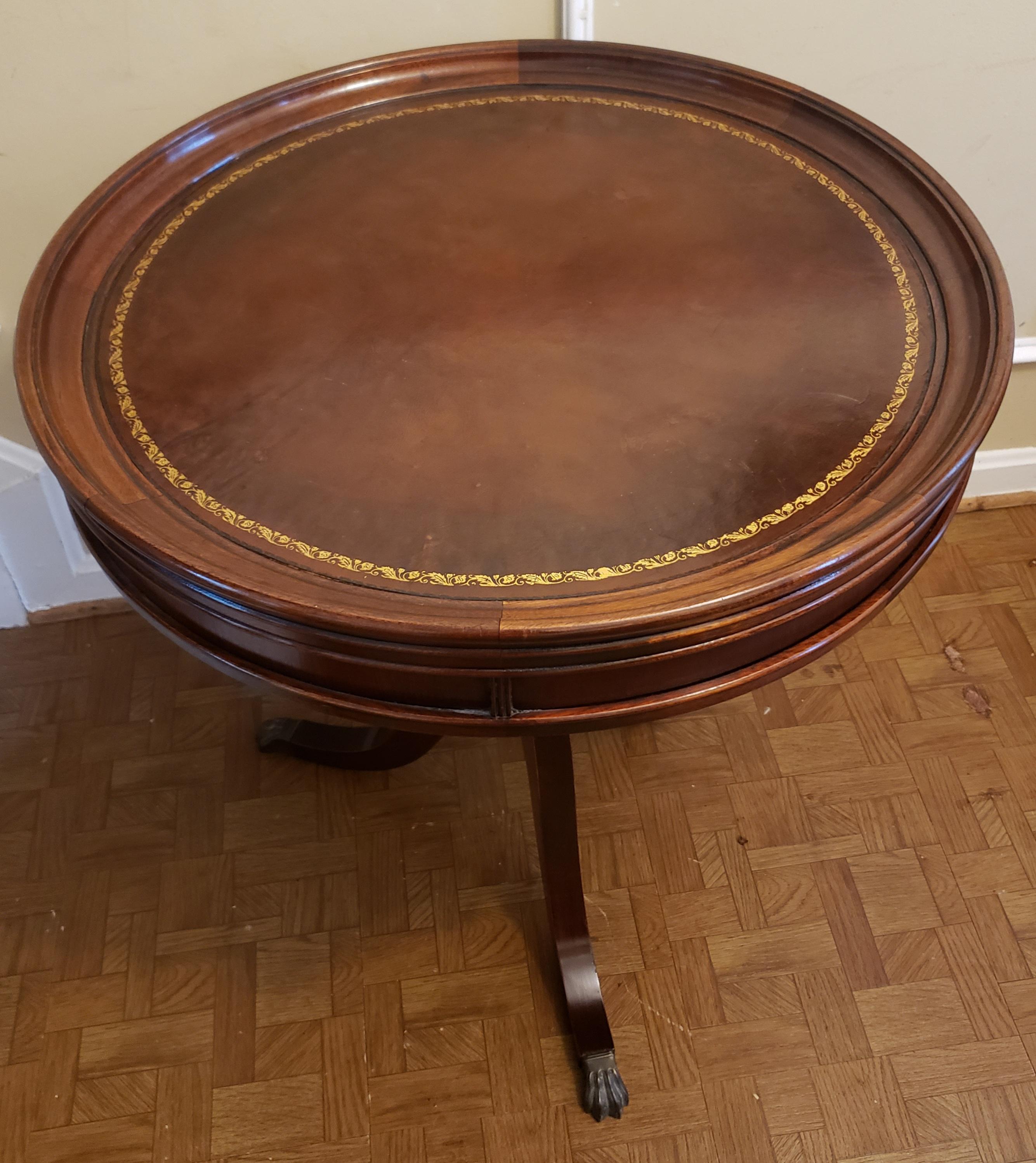 Brass 1960s Regency Mahogany and Tooled Leather Stencil Pedestal Tea Drum Table For Sale