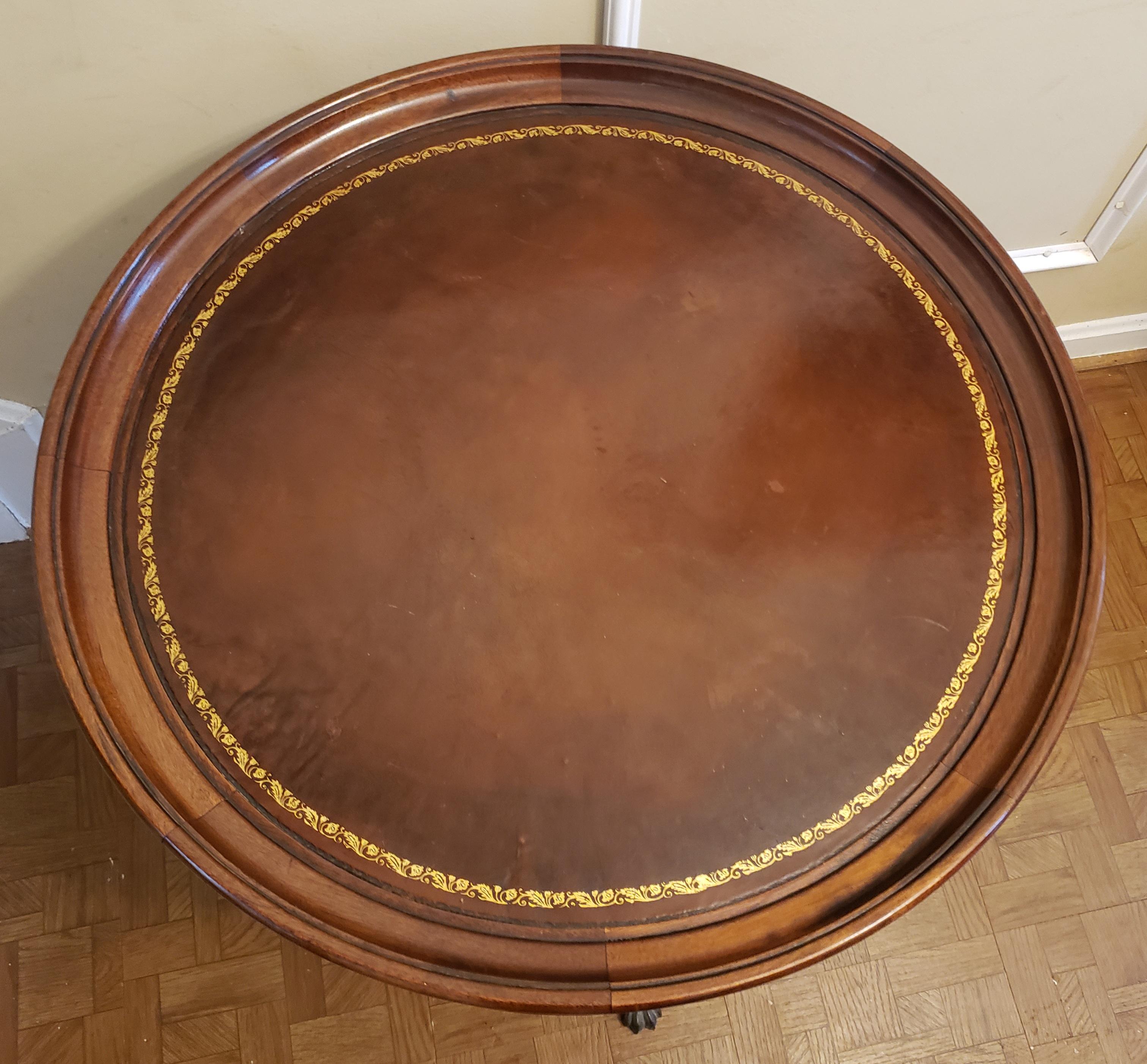 American 1960s Regency Mahogany and Tooled Leather Stencil Pedestal Tea Drum Table For Sale