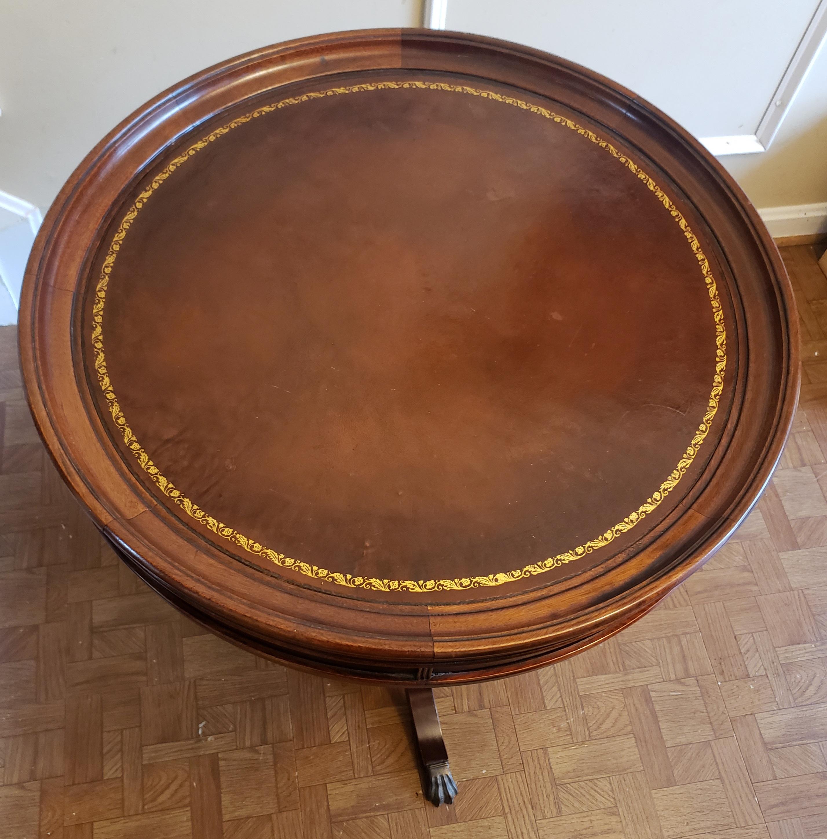 Varnished 1960s Regency Mahogany and Tooled Leather Stencil Pedestal Tea Drum Table For Sale