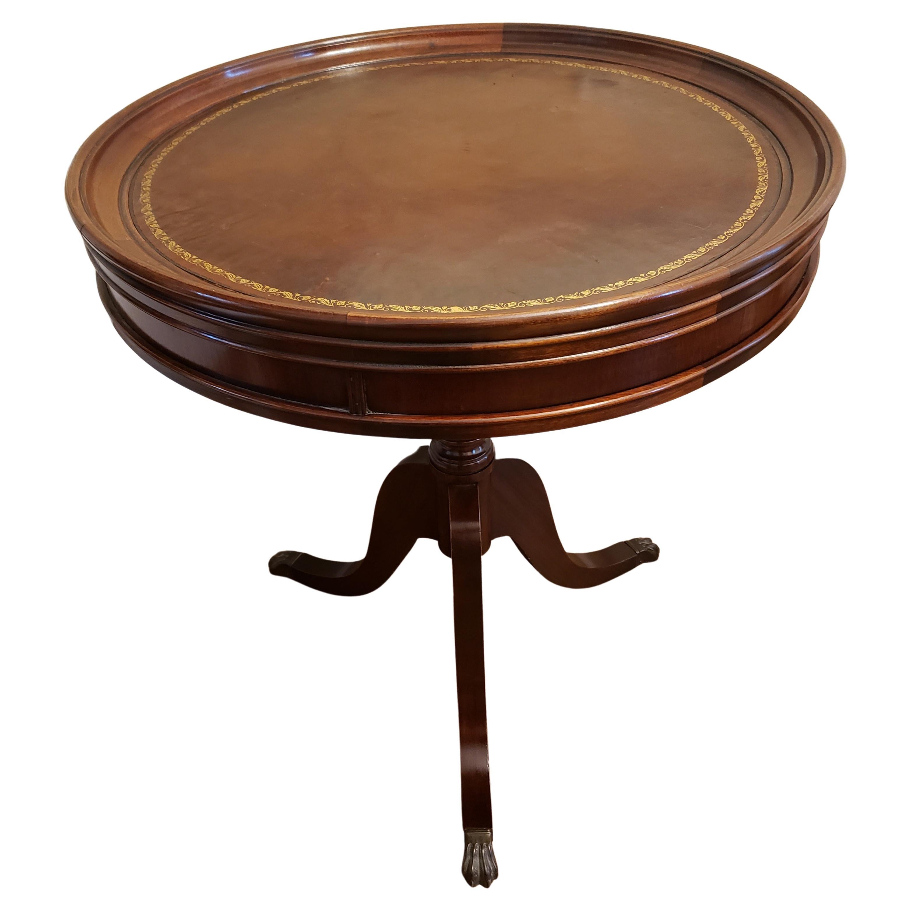 1960s Regency Mahogany and Tooled Leather Stencil Pedestal Tea Drum Table For Sale