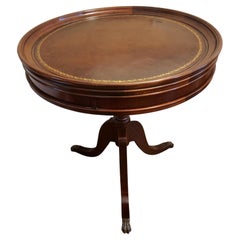 1960s Regency Mahogany and Tooled Leather Stencil Pedestal Tea Drum Table