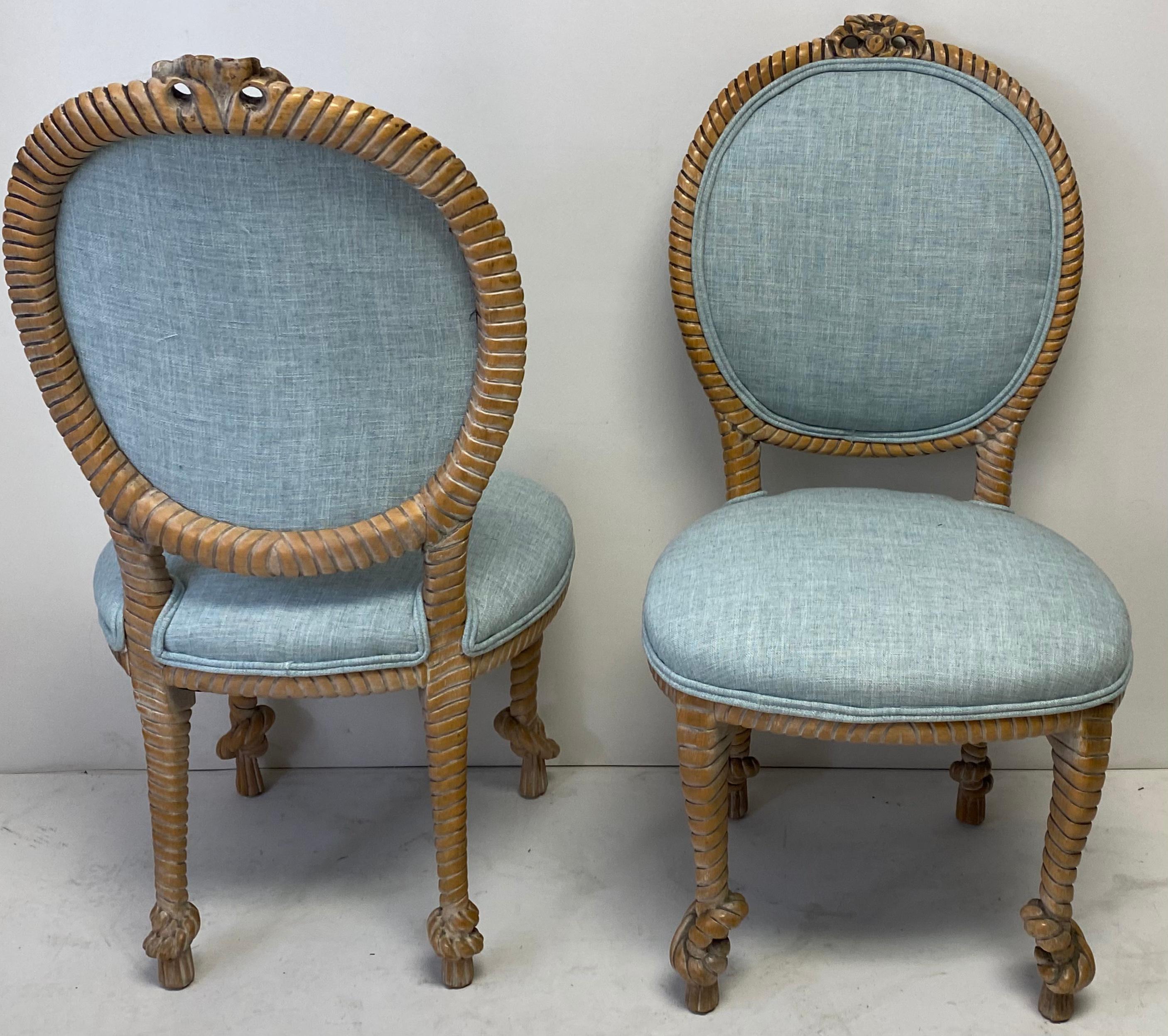 American 1960s Regency Style Carved Oak Rope Side Chairs by Baker Furniture, a Pair