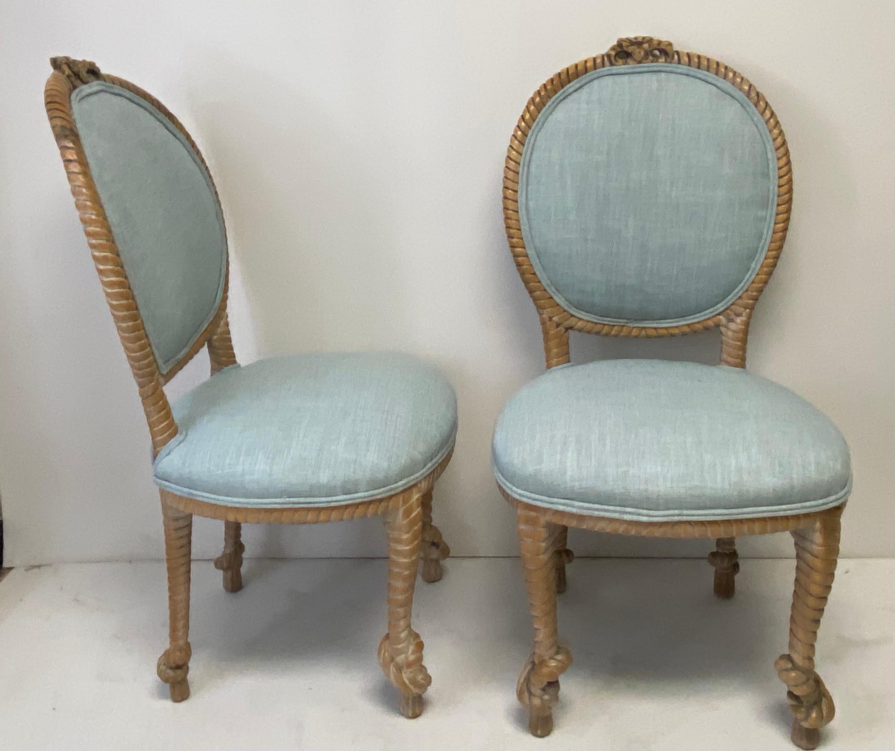 Cerused 1960s Regency Style Carved Oak Rope Side Chairs by Baker Furniture, a Pair