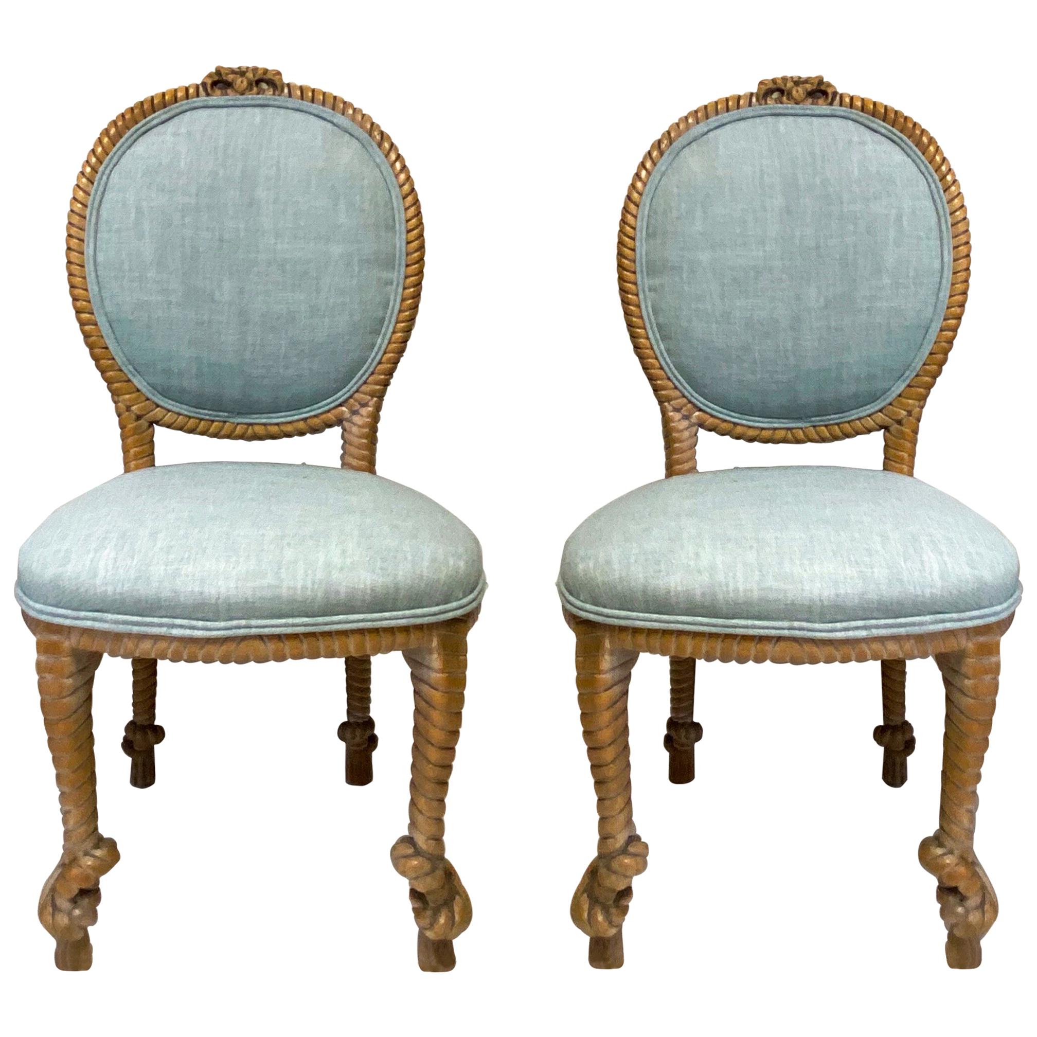 1960s Regency Style Carved Oak Rope Side Chairs by Baker Furniture, a Pair