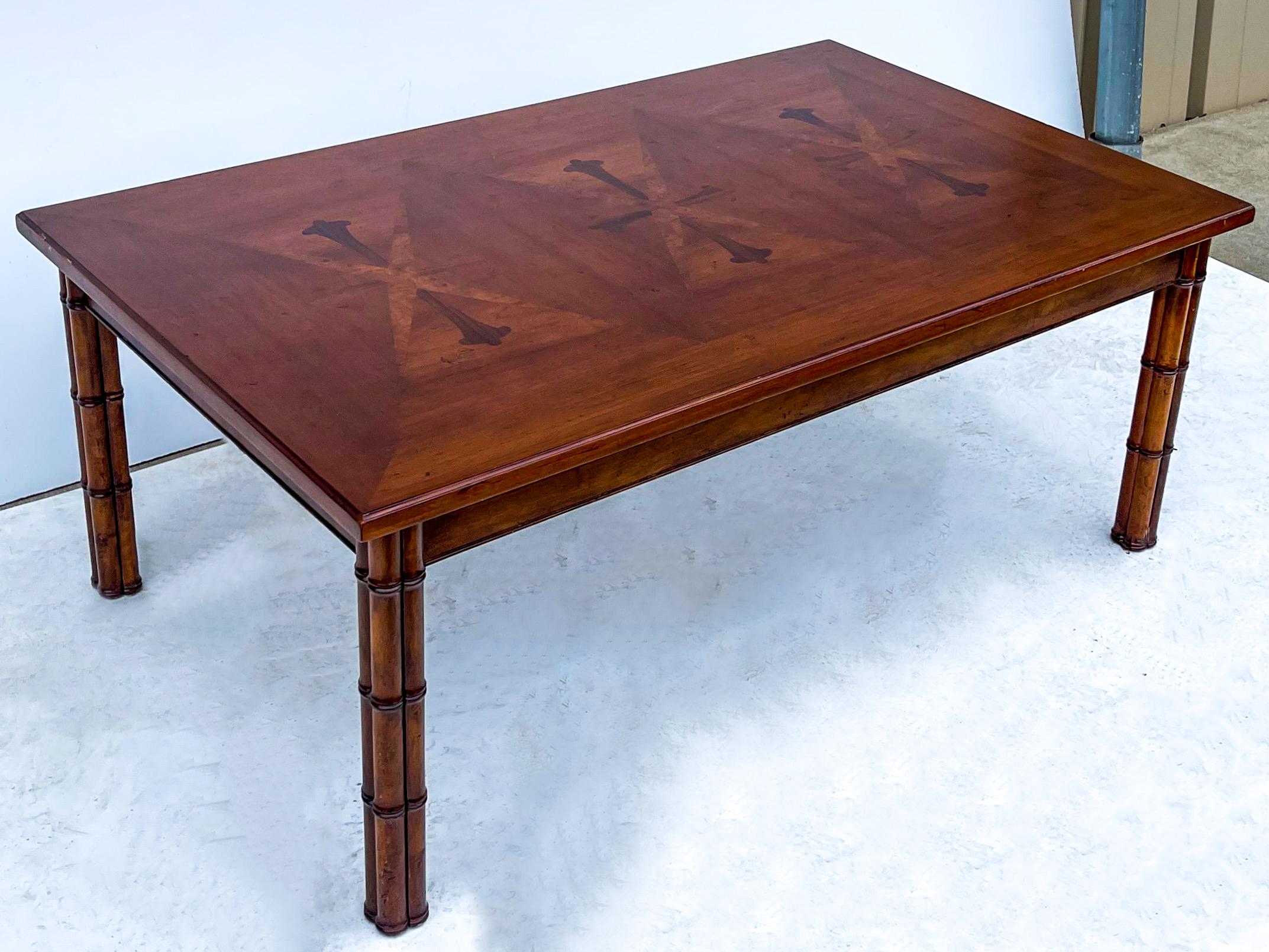 American 1960s Regency Style Faux Bamboo Cherry / Rosewood Inlaid Extension Coffee Table