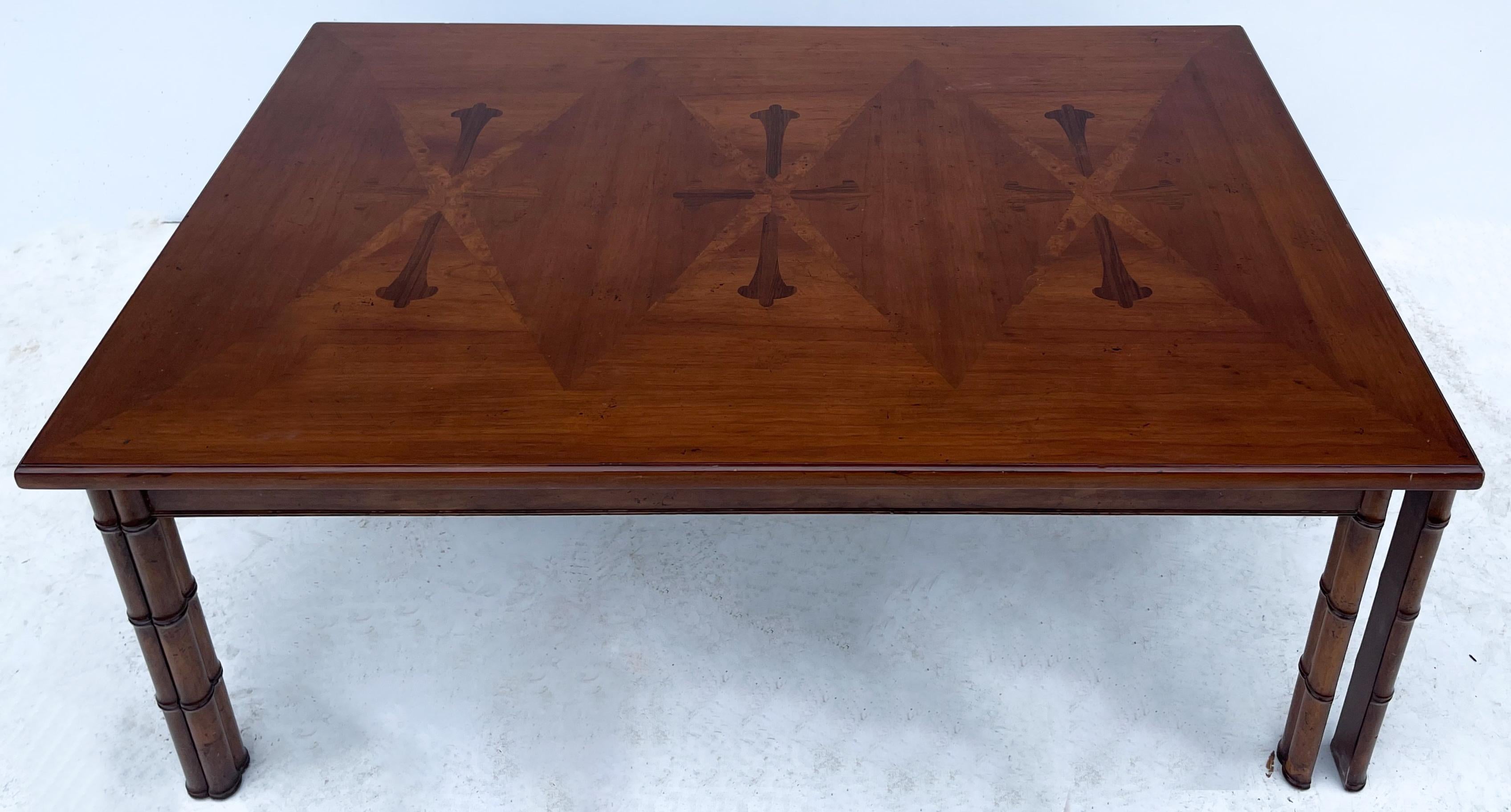 1960s Regency Style Faux Bamboo Cherry / Rosewood Inlaid Extension Coffee Table In Good Condition In Kennesaw, GA