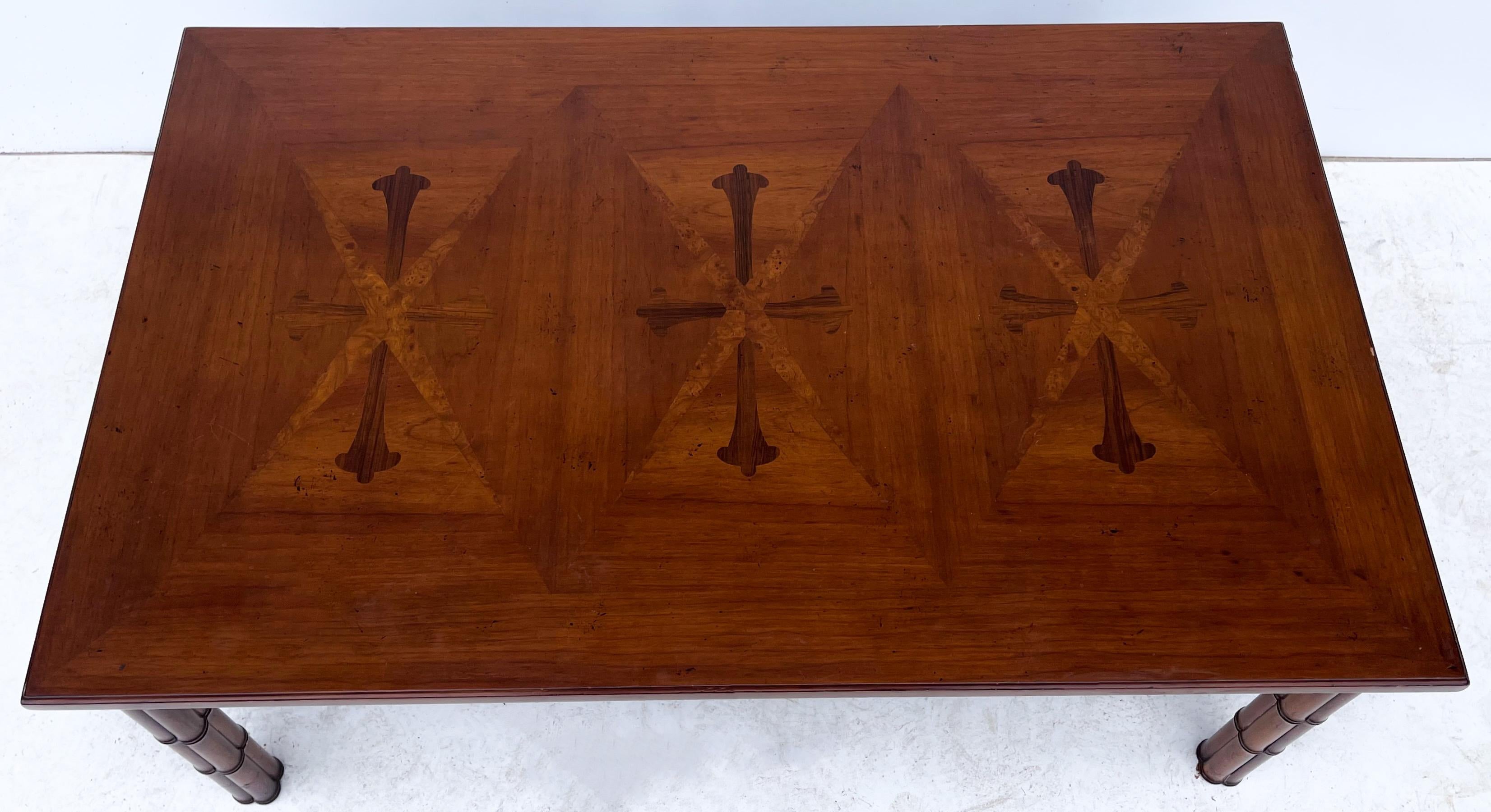 20th Century 1960s Regency Style Faux Bamboo Cherry / Rosewood Inlaid Extension Coffee Table