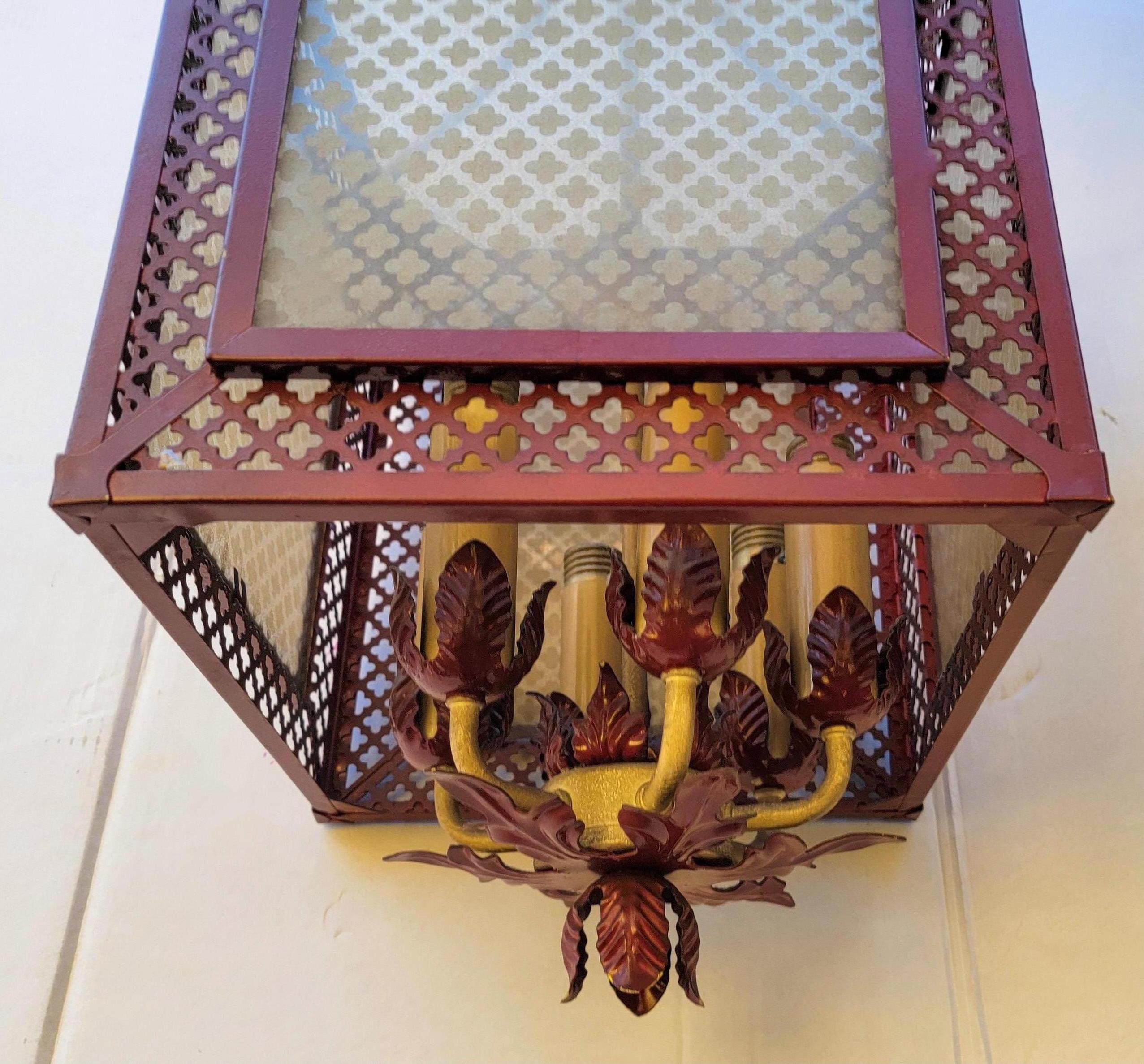 1960s Regency Style Italian Red Tole Pagoda Inspired Lantern Form Chandelier In Good Condition In Kennesaw, GA