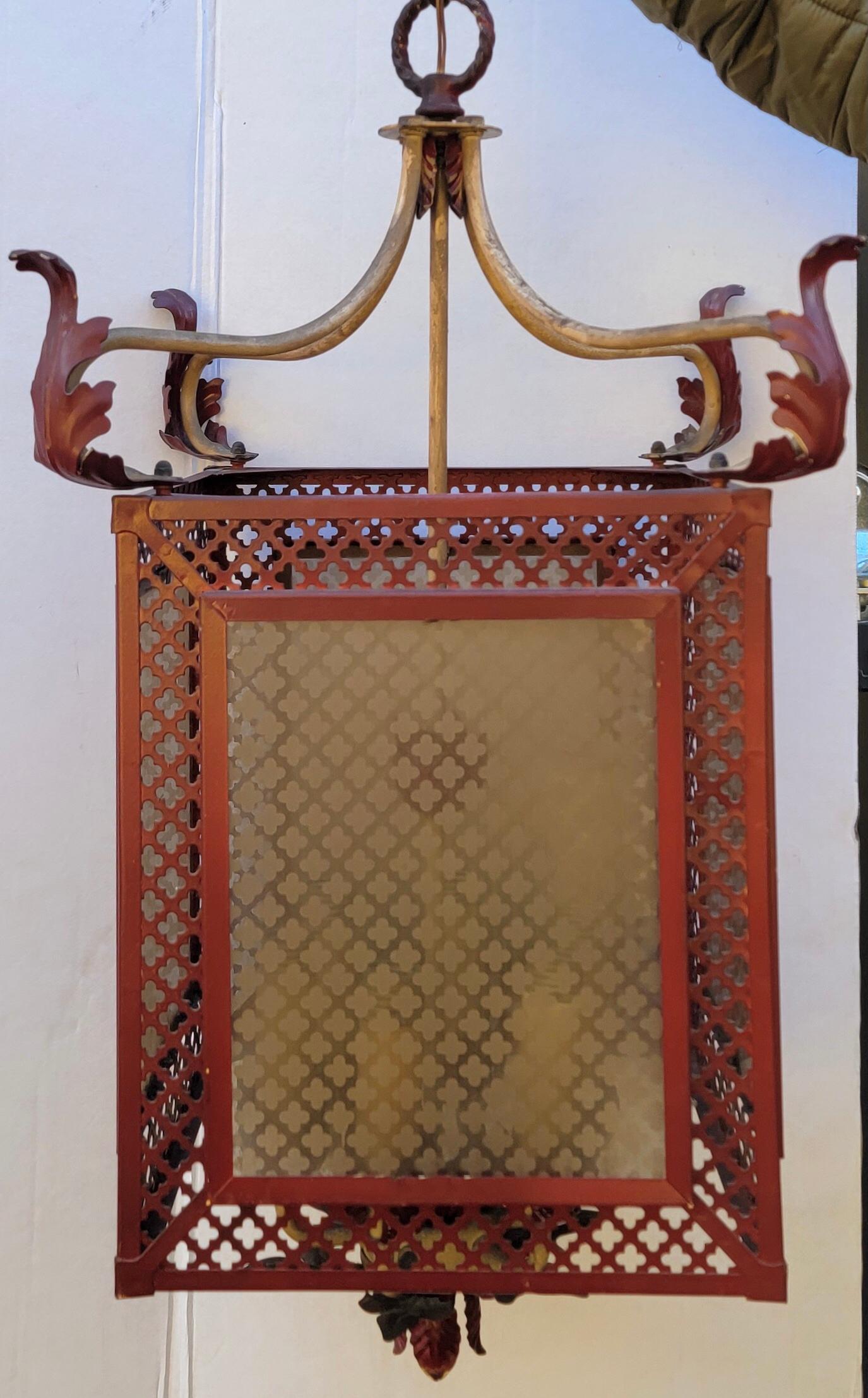 Metal 1960s Regency Style Italian Red Tole Pagoda Inspired Lantern Form Chandelier