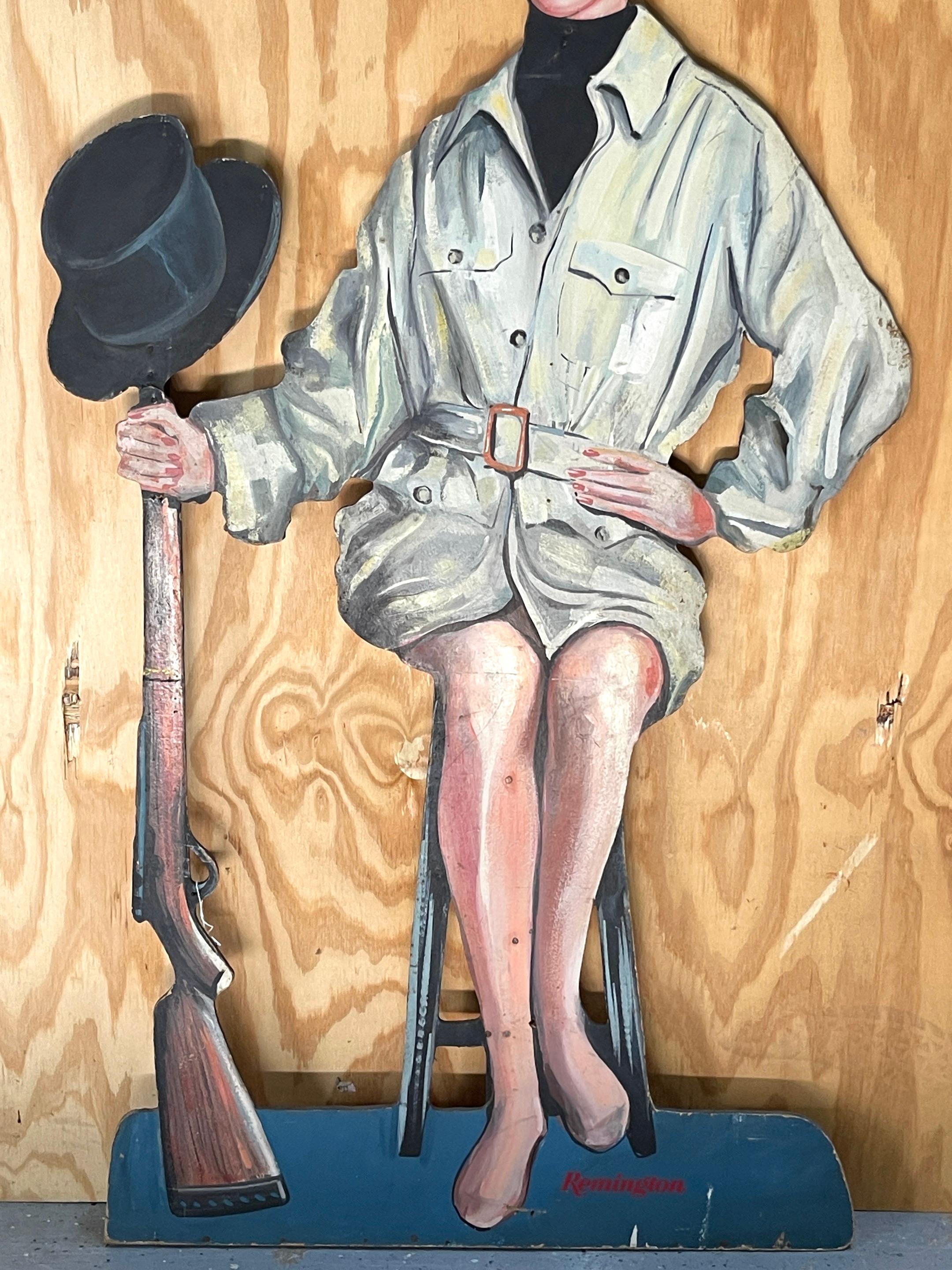 American 1960s Remington Rifle Life Size Advertising Dummy Board Seated Bond/ Mod Girl  For Sale