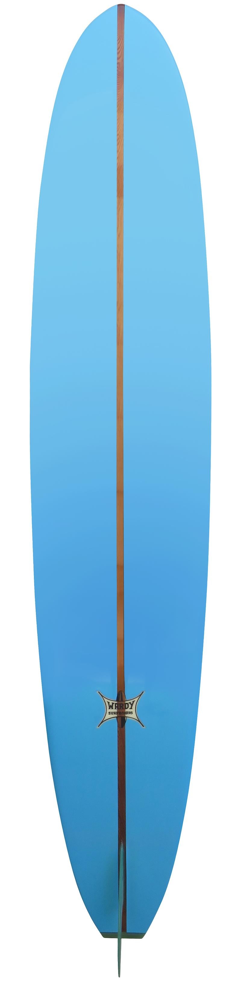 1960s replica Wardy semi gun shaped by Jim “Genius” Phillips. Features a single 3/4? redwood stringer design with beautiful light blue pigment. This collectible surfboard was crafted using all original materials from the Wardy shop including foam