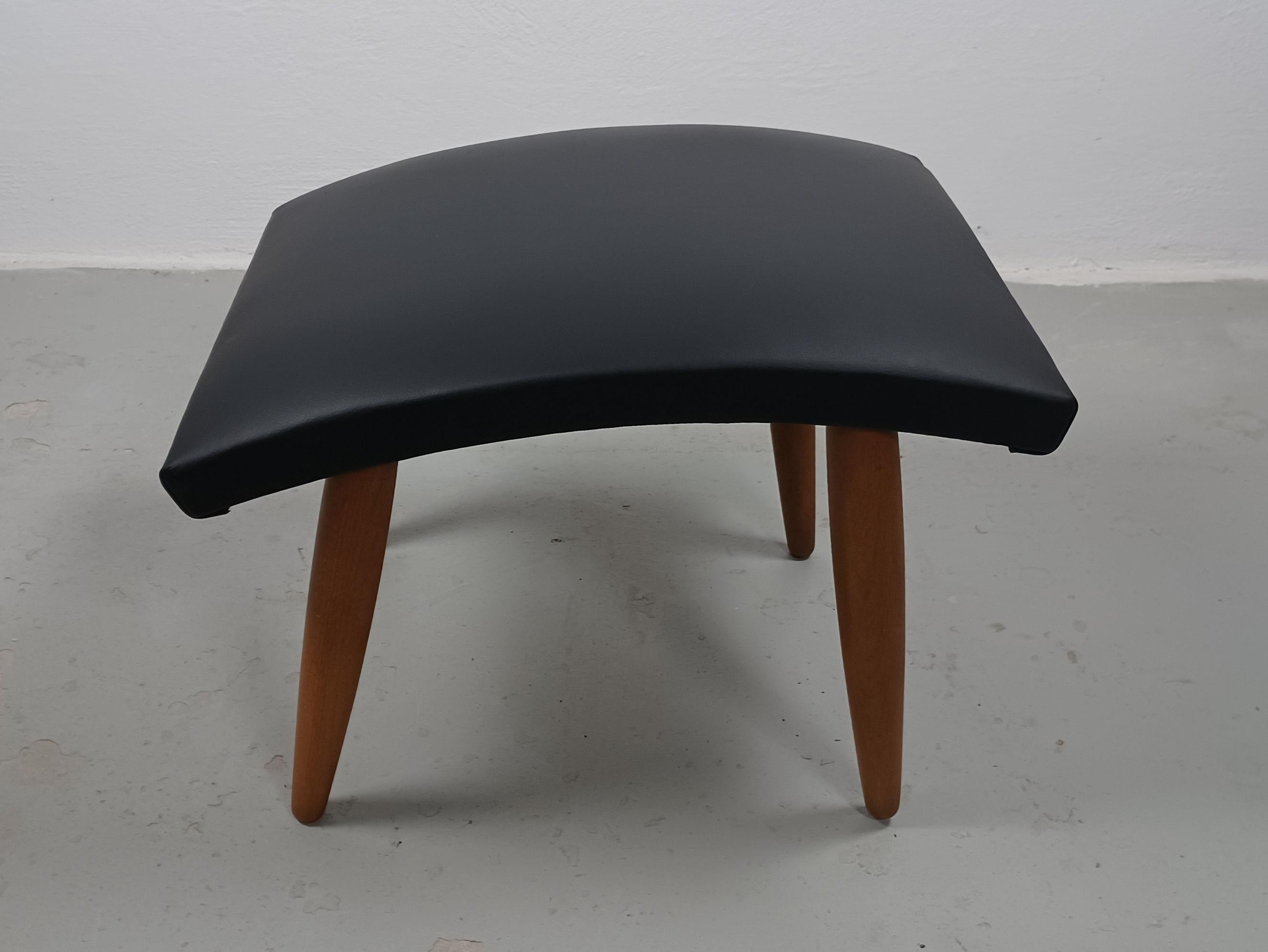 Scandinavian Modern 1960's, Restored Danish Footstool Reupholstered in Black Leather