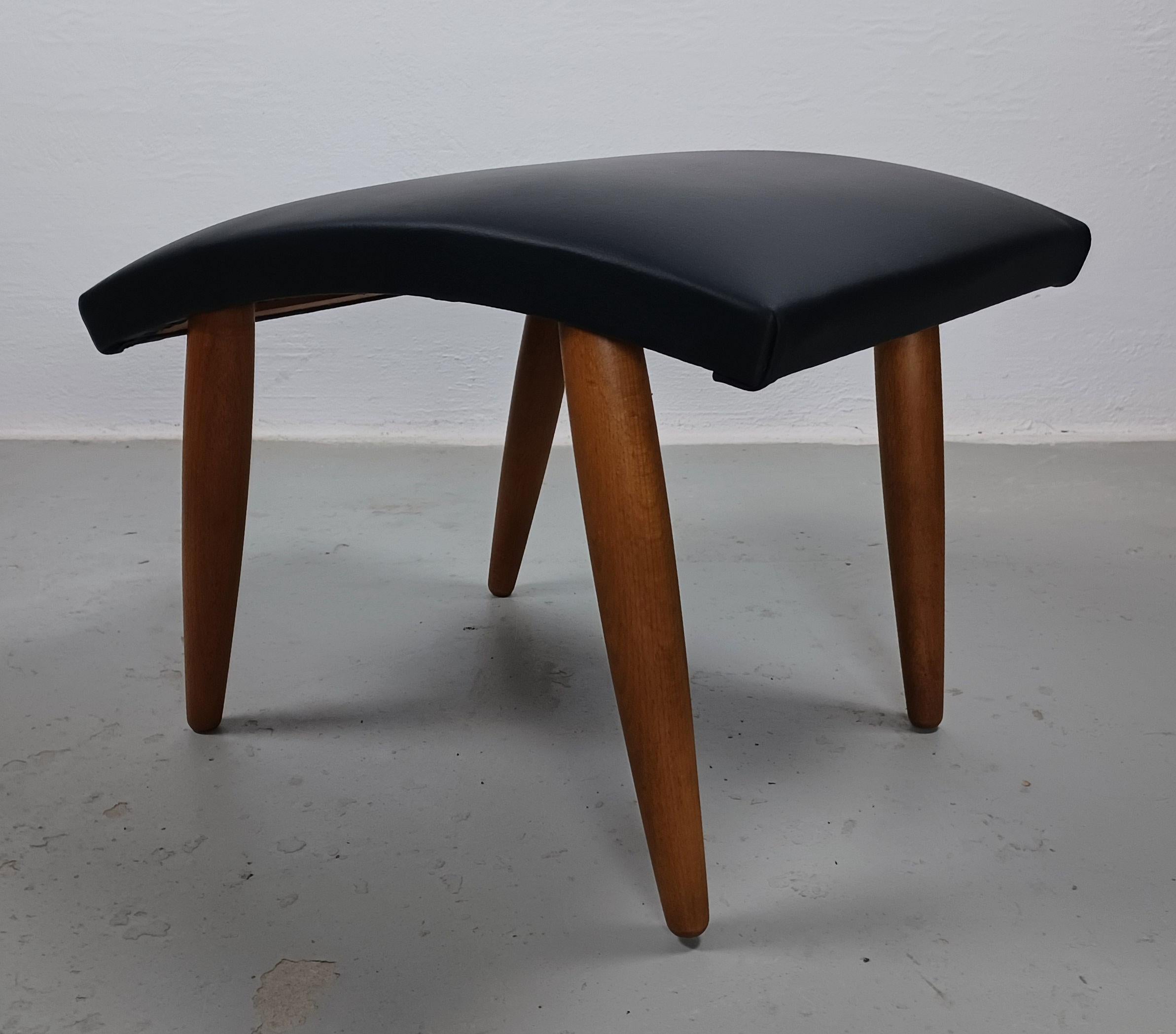 Mid-20th Century 1960's, Restored Danish Footstool Reupholstered in Black Leather