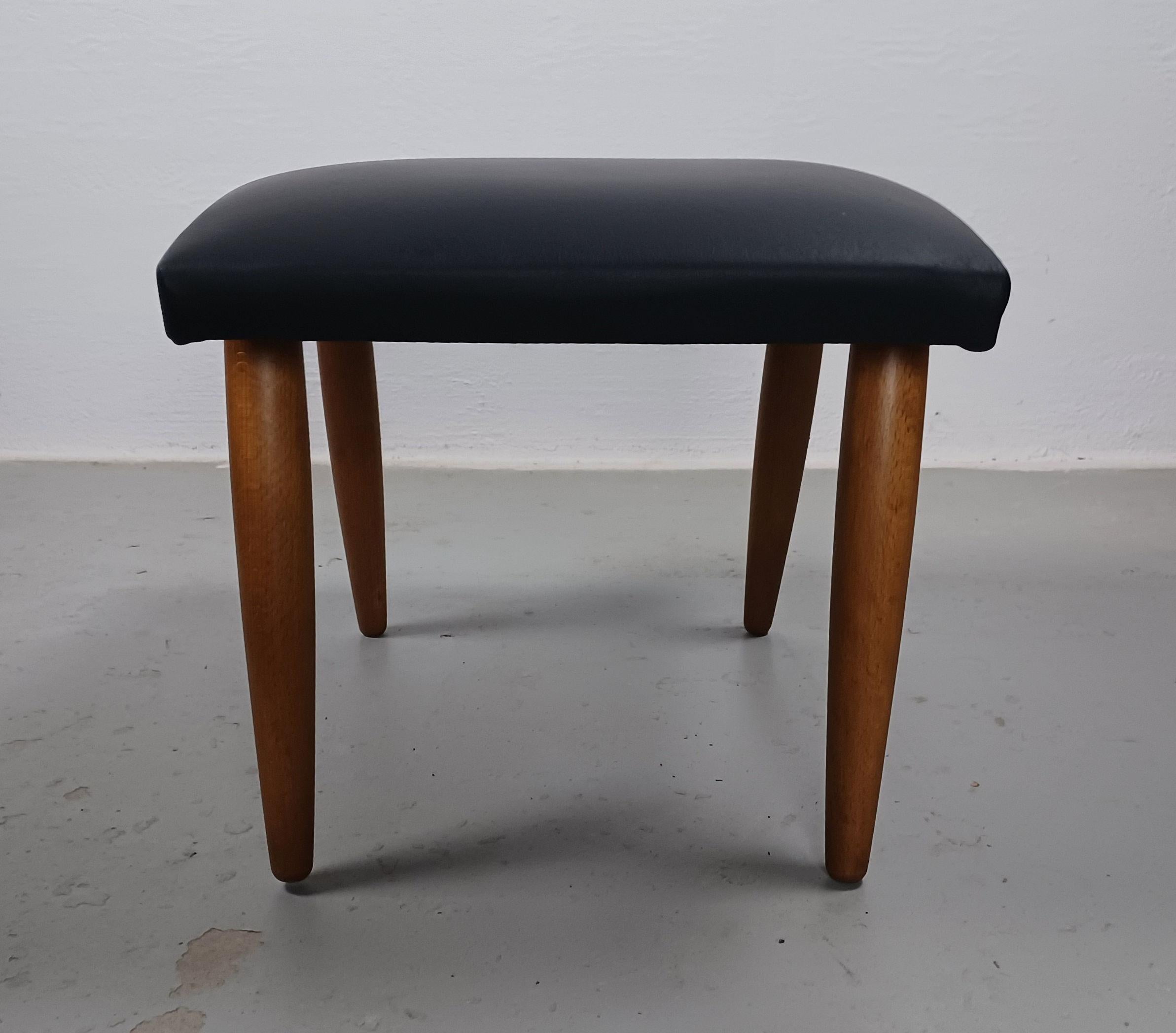 1960's, Restored Danish Footstool Reupholstered in Black Leather 1