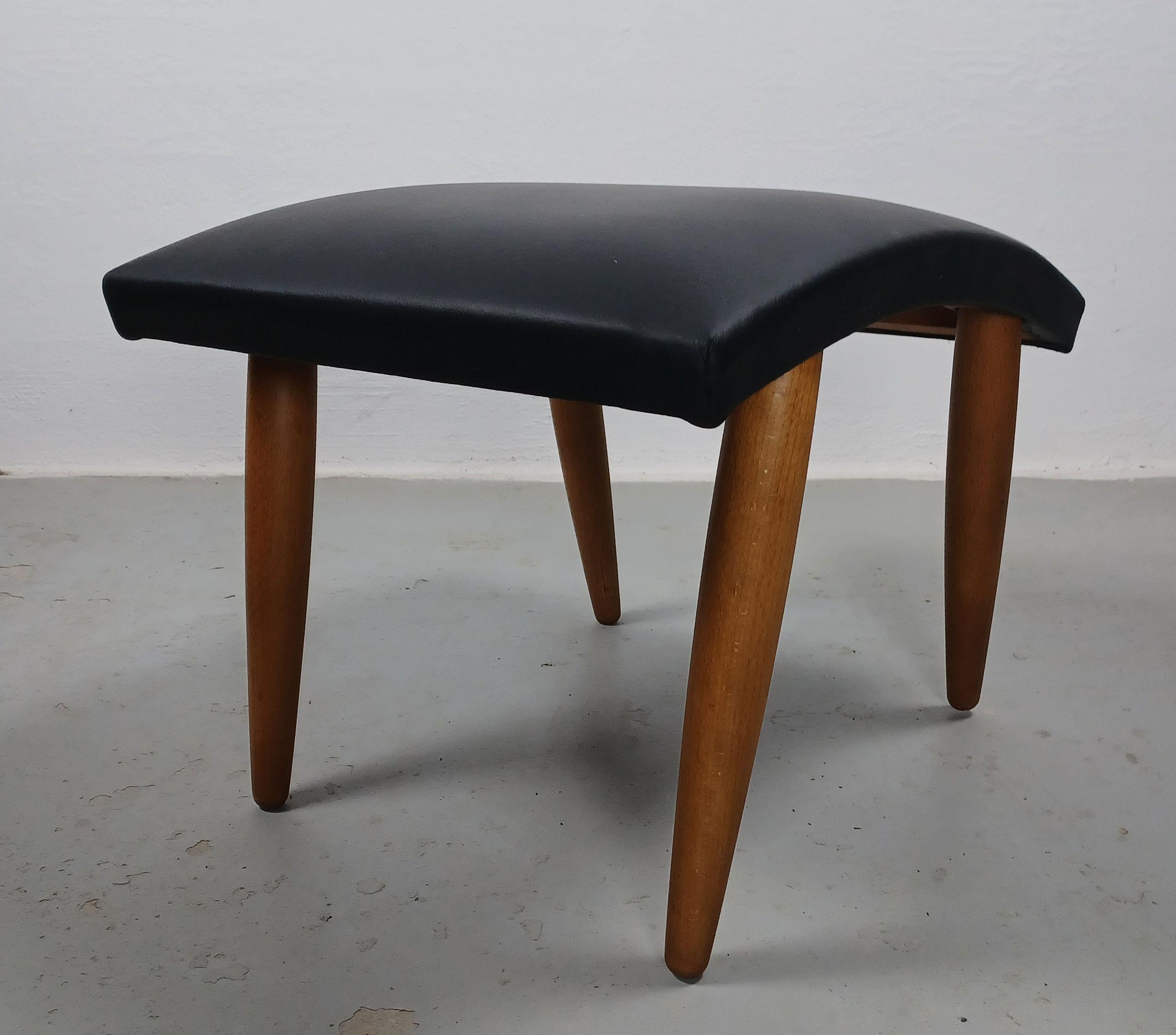 1960's, Restored Danish Footstool Reupholstered in Black Leather 2