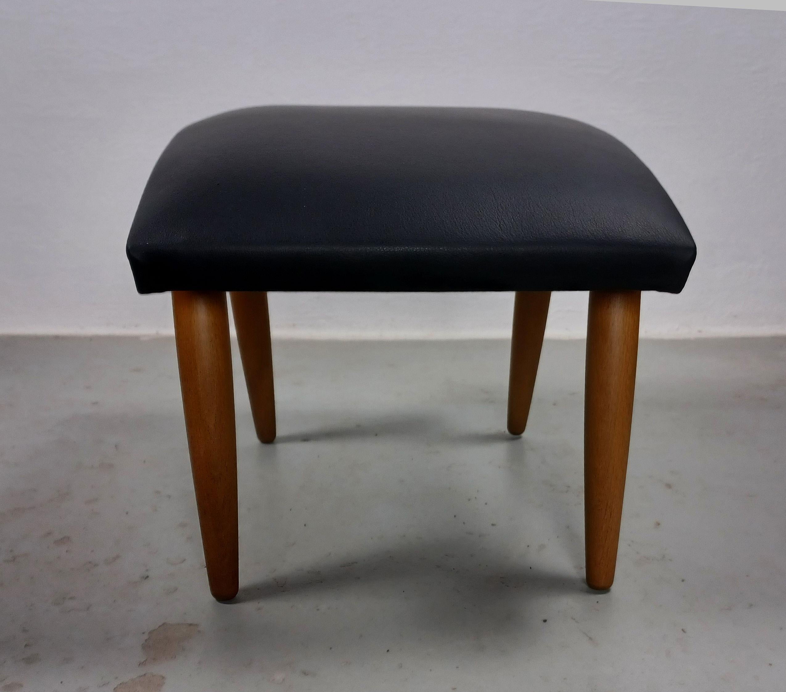 1960's, Restored Danish Footstool Reupholstered in Black Leather 4
