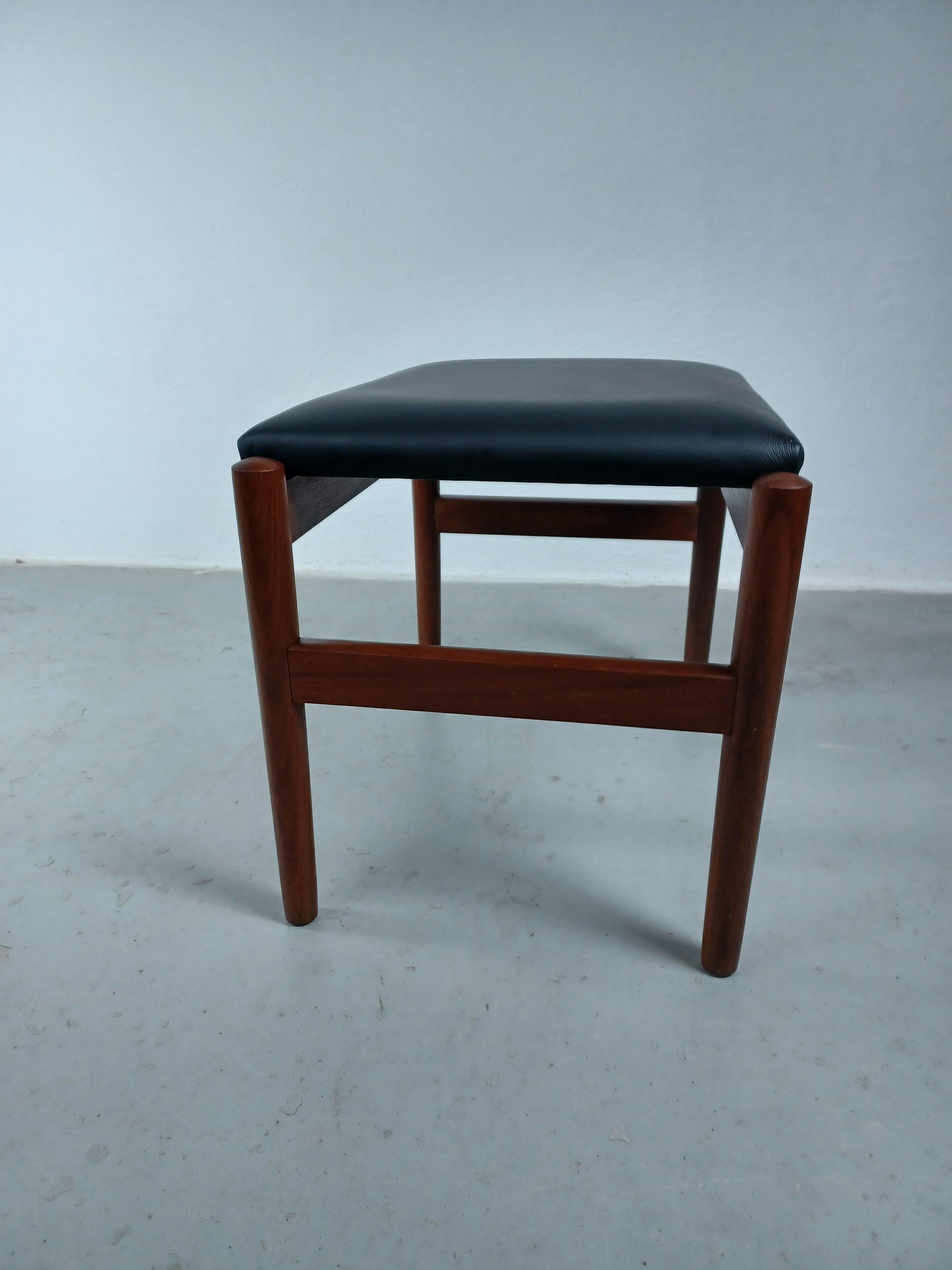 Scandinavian Modern 1960s, Restored Danish Teak Footstool Reupholstered in Black Leather For Sale