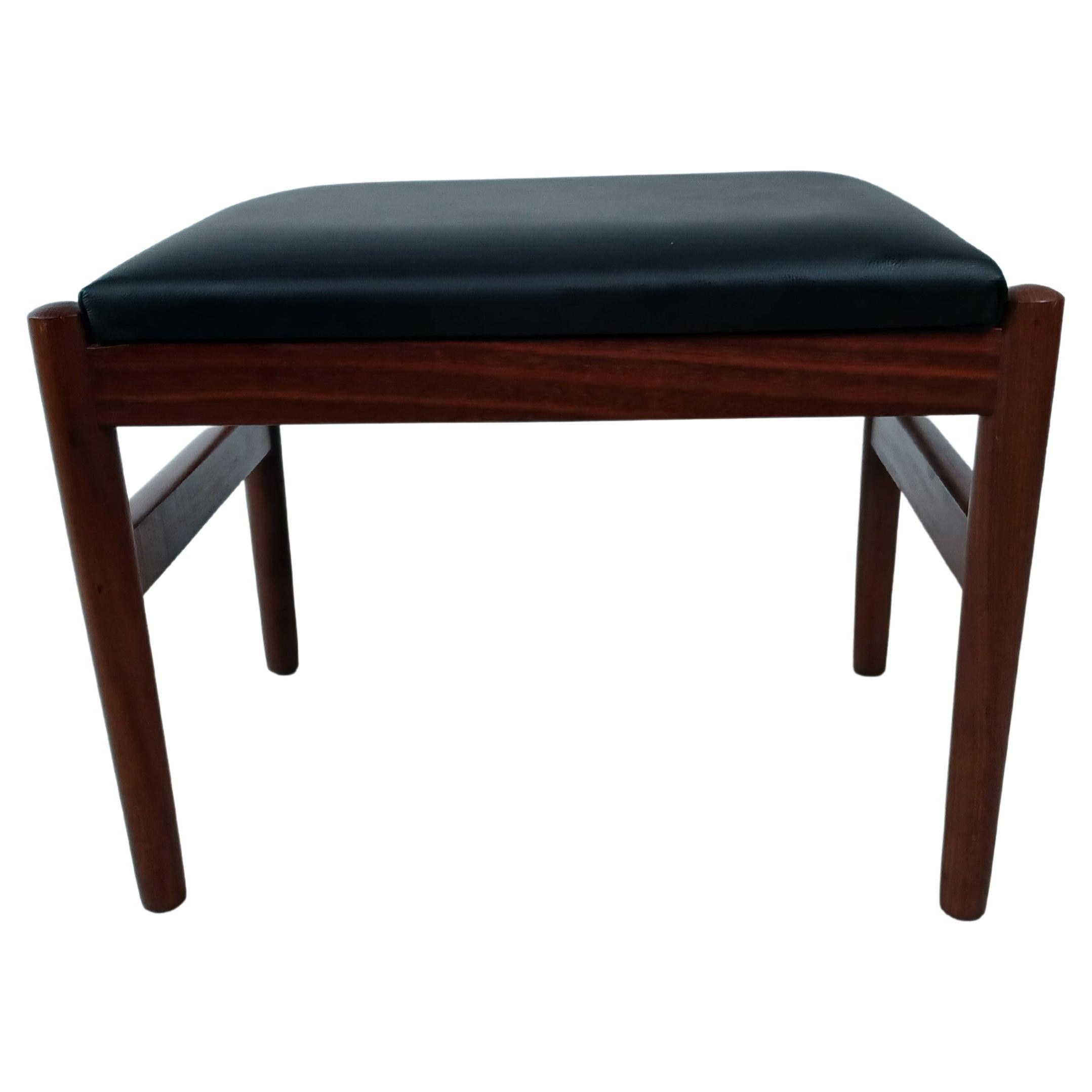 1960s, Restored Danish Teak Footstool Reupholstered in Black Leather For Sale