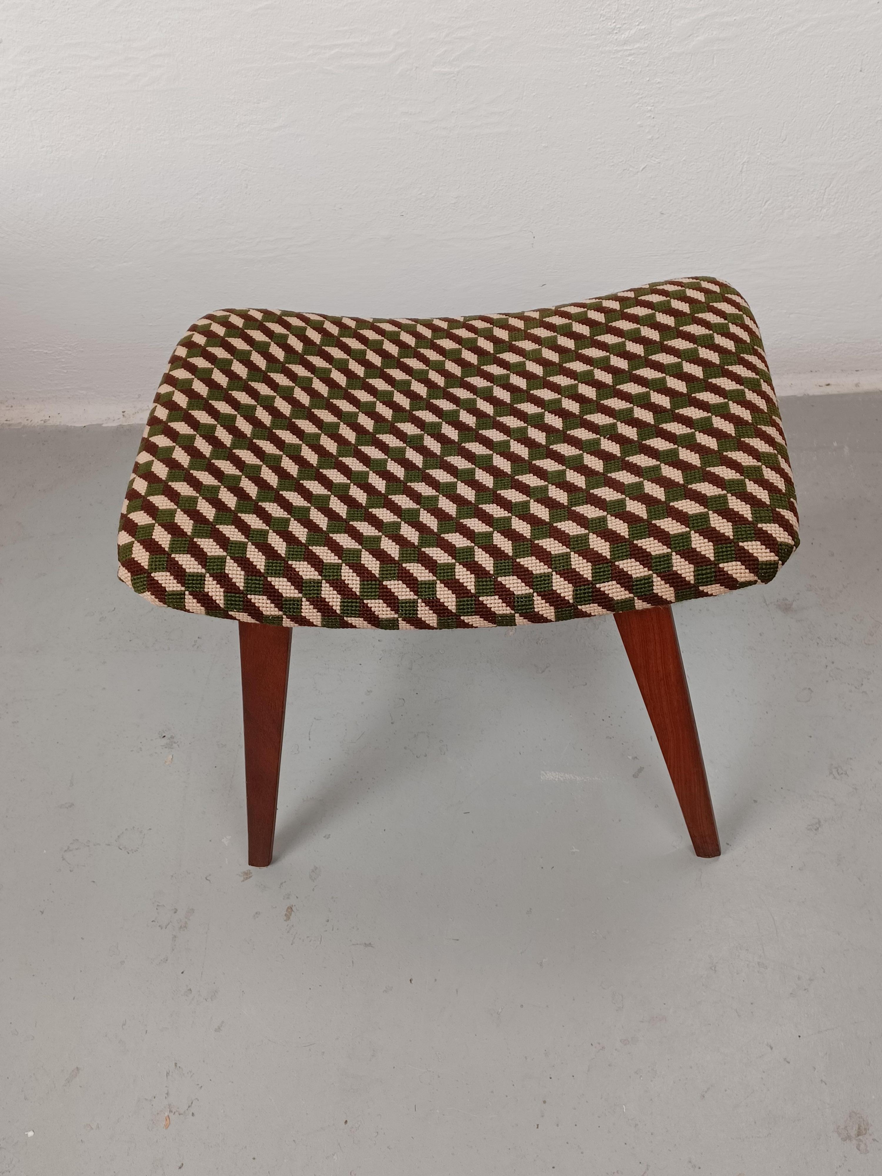 Scandinavian Modern 1960s, Restored Danish Teak Footstool with Handmade Cross Stitch Embroidery