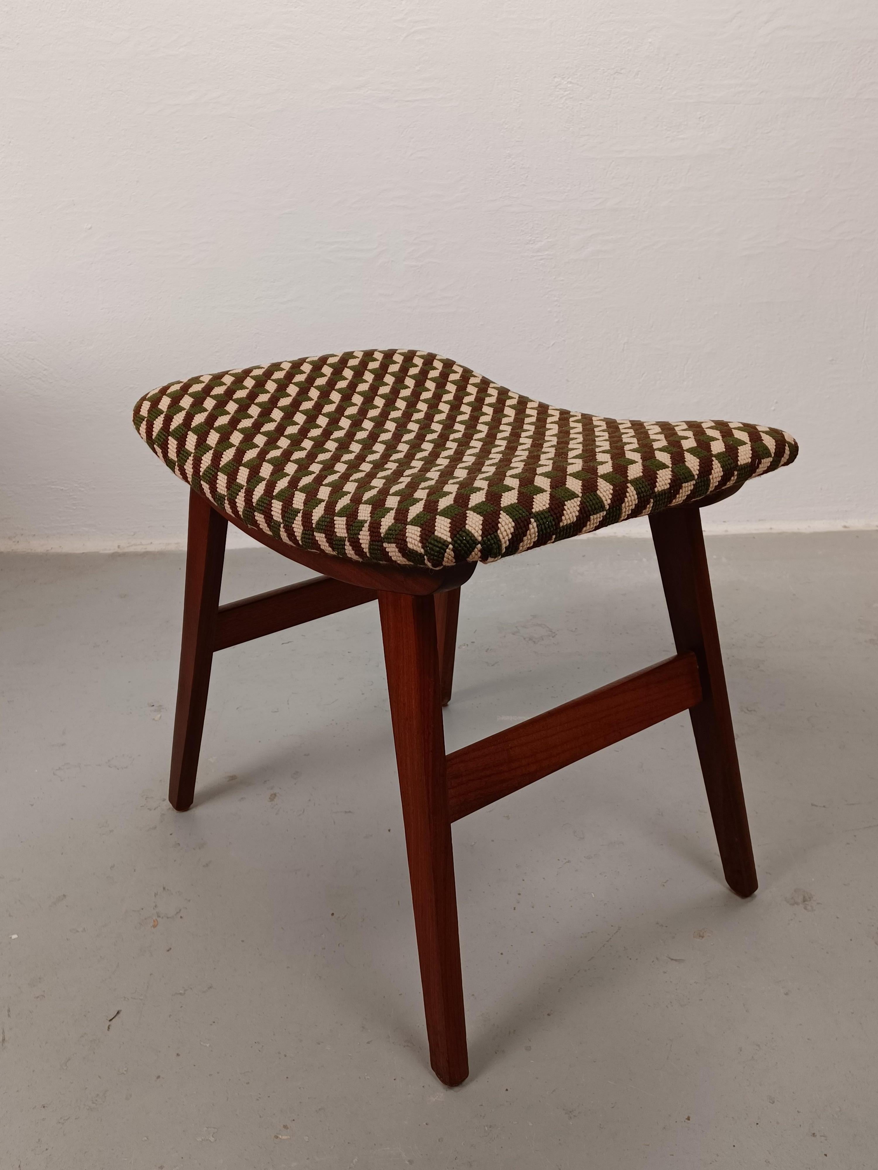 Mid-20th Century 1960s, Restored Danish Teak Footstool with Handmade Cross Stitch Embroidery