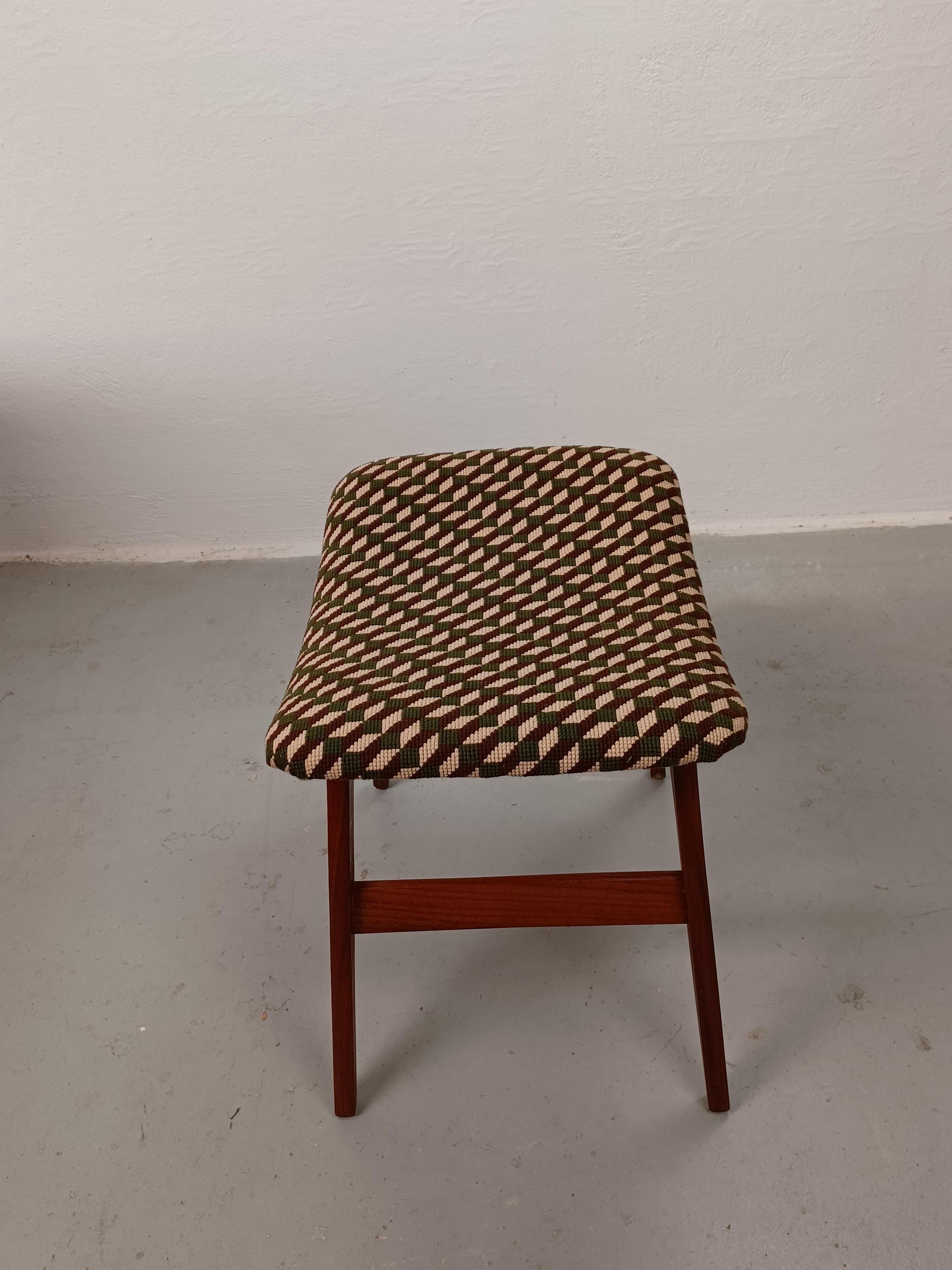 1960s, Restored Danish Teak Footstool with Handmade Cross Stitch Embroidery 1