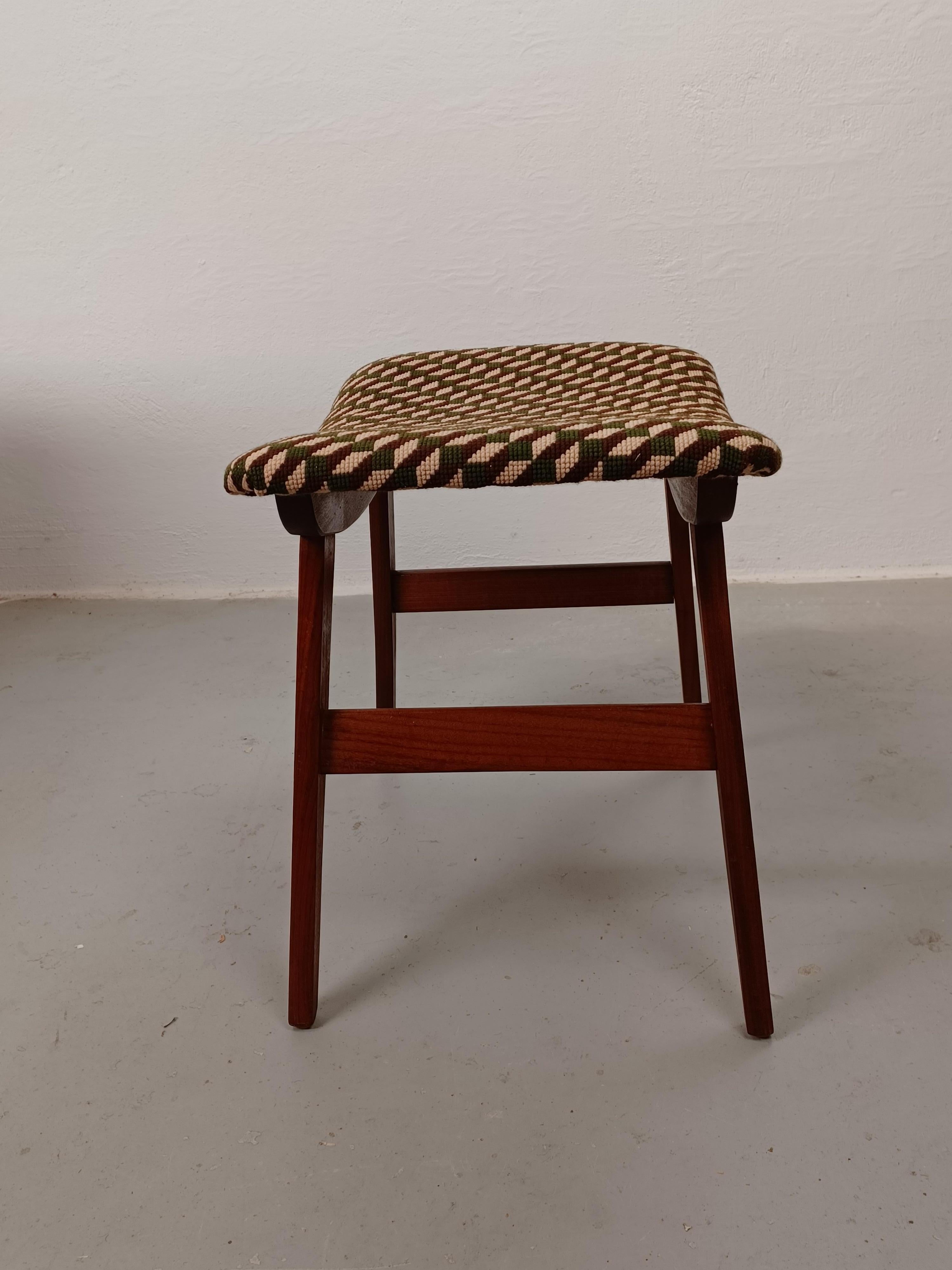 1960s, Restored Danish Teak Footstool with Handmade Cross Stitch Embroidery 2
