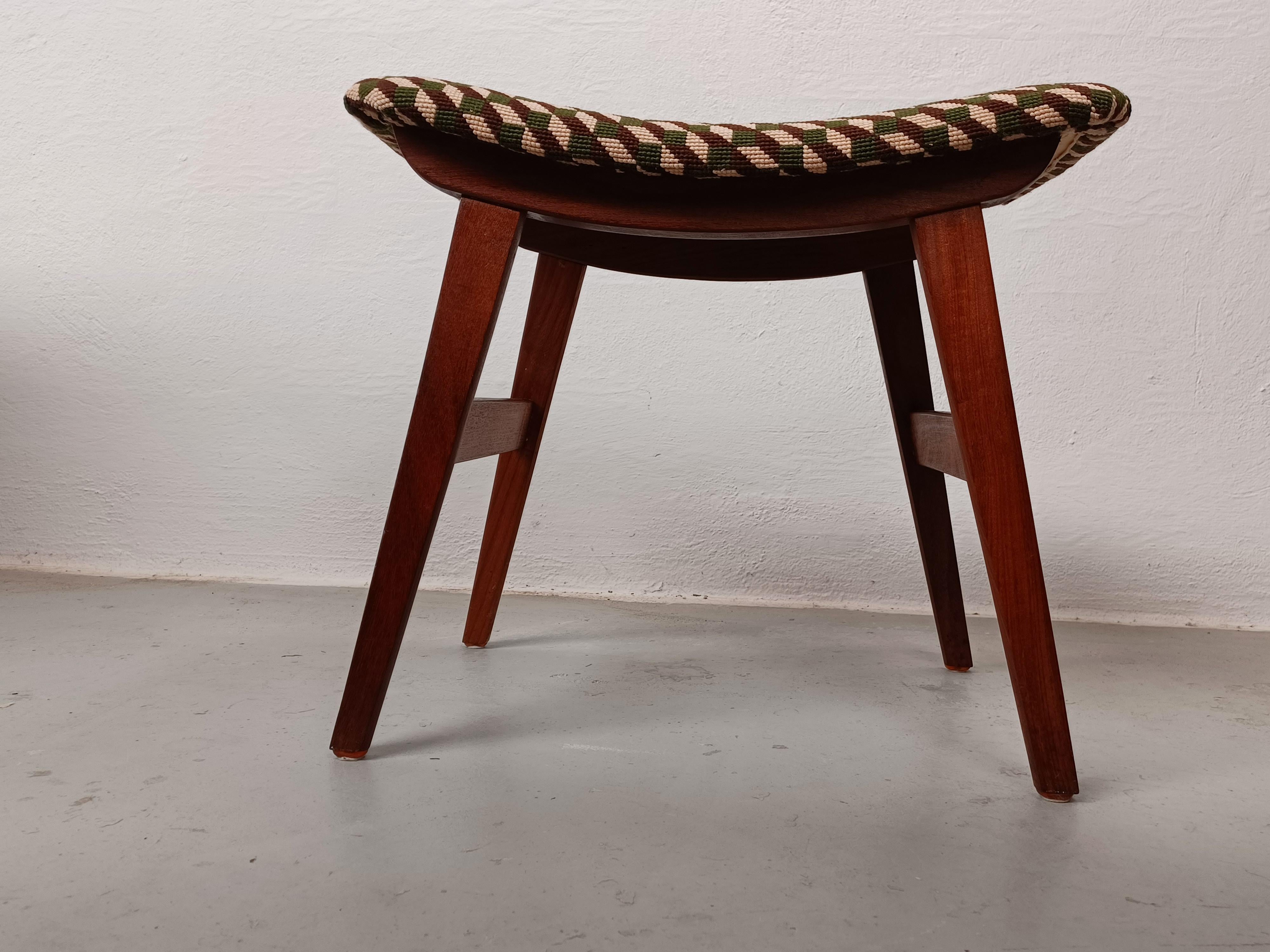 1960s, Restored Danish Teak Footstool with Handmade Cross Stitch Embroidery 3