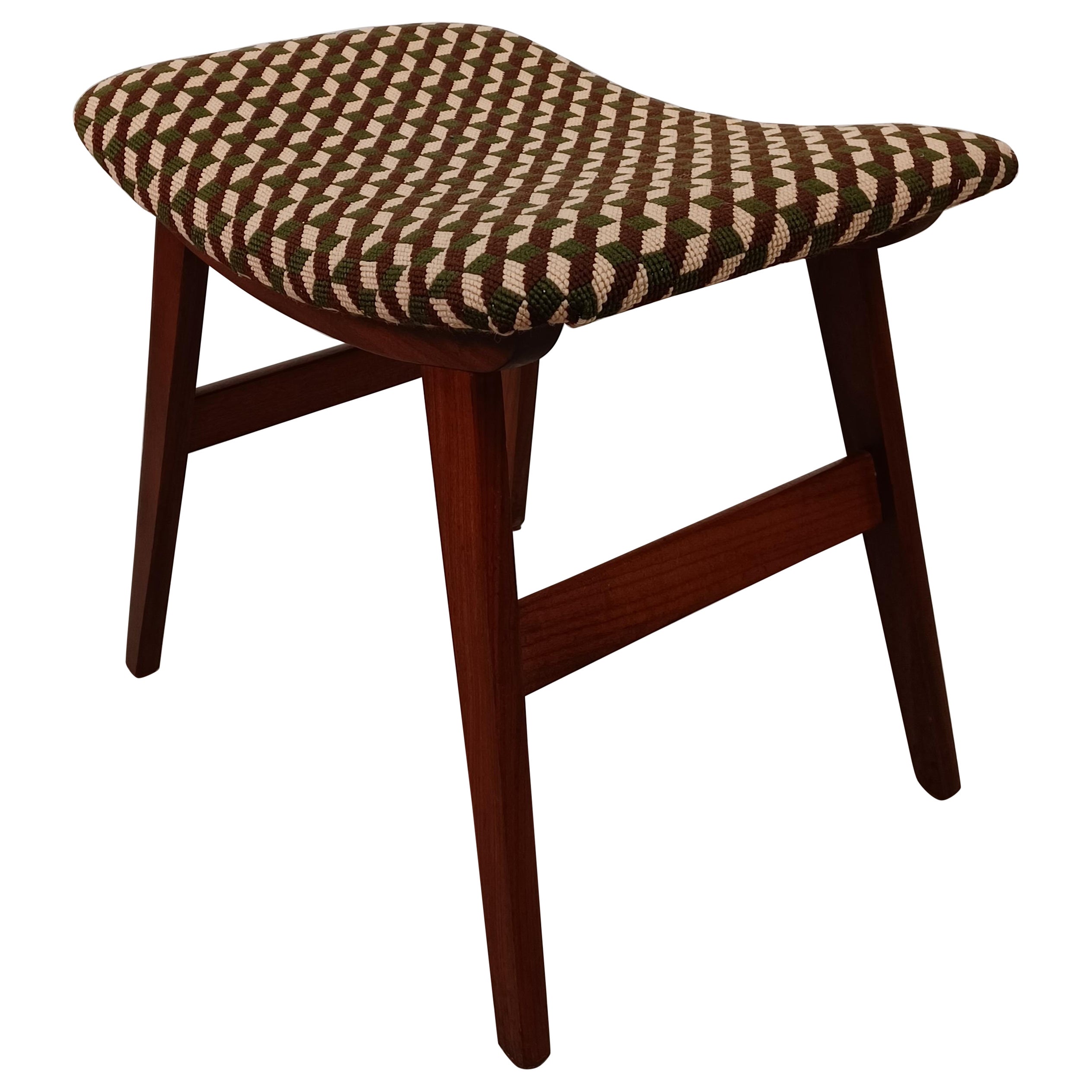1960s, Restored Danish Teak Footstool with Handmade Cross Stitch Embroidery