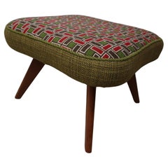 1960s Restored Danish Teak Footstool with Handmade Cross Stitch Embroidery