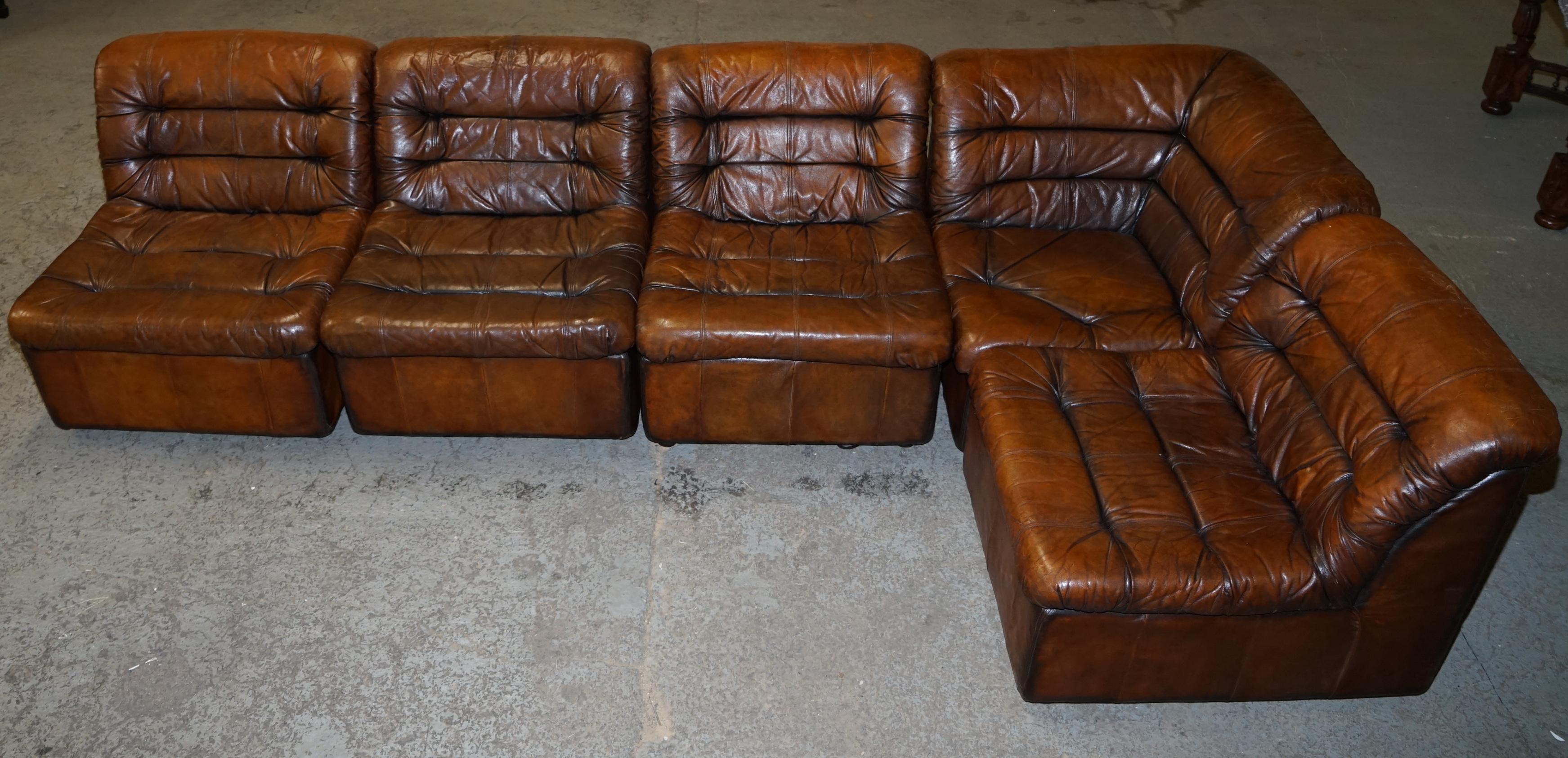English 1960's Restored De Sede Modular Ds Br Brown Leather Corner Sofa Armchair Suite