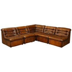 Vintage 1960's Restored De Sede Modular Ds Br Brown Leather Corner Sofa Armchair Suite