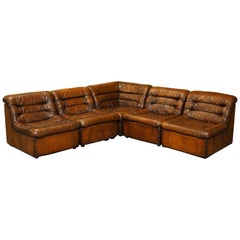 1960's Restored De Sede Modular Ds Br Brown Leather Corner Sofa Armchair Suite