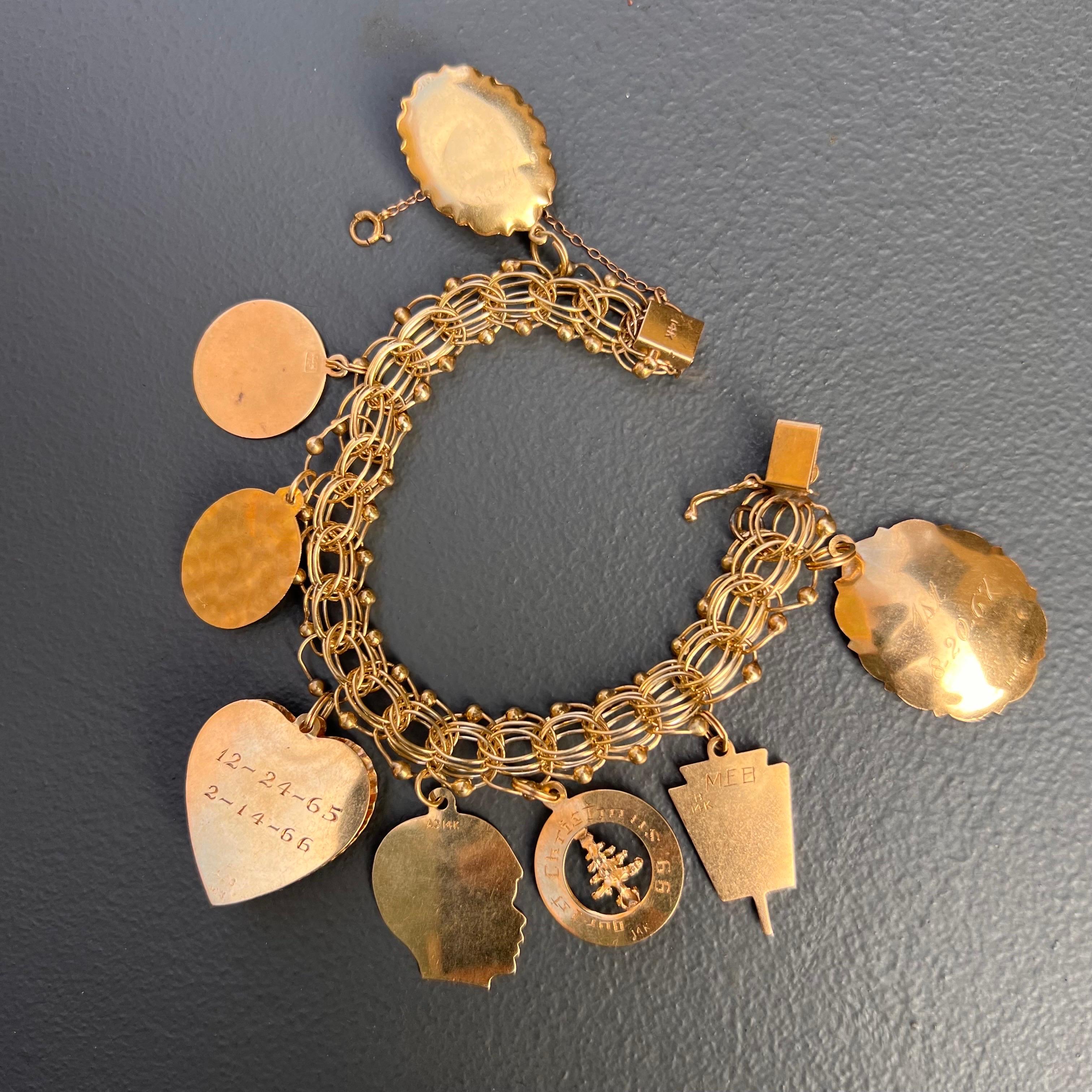 1960s Retro 14kt Gold Charm bracelet  8 Charms For Sale 5