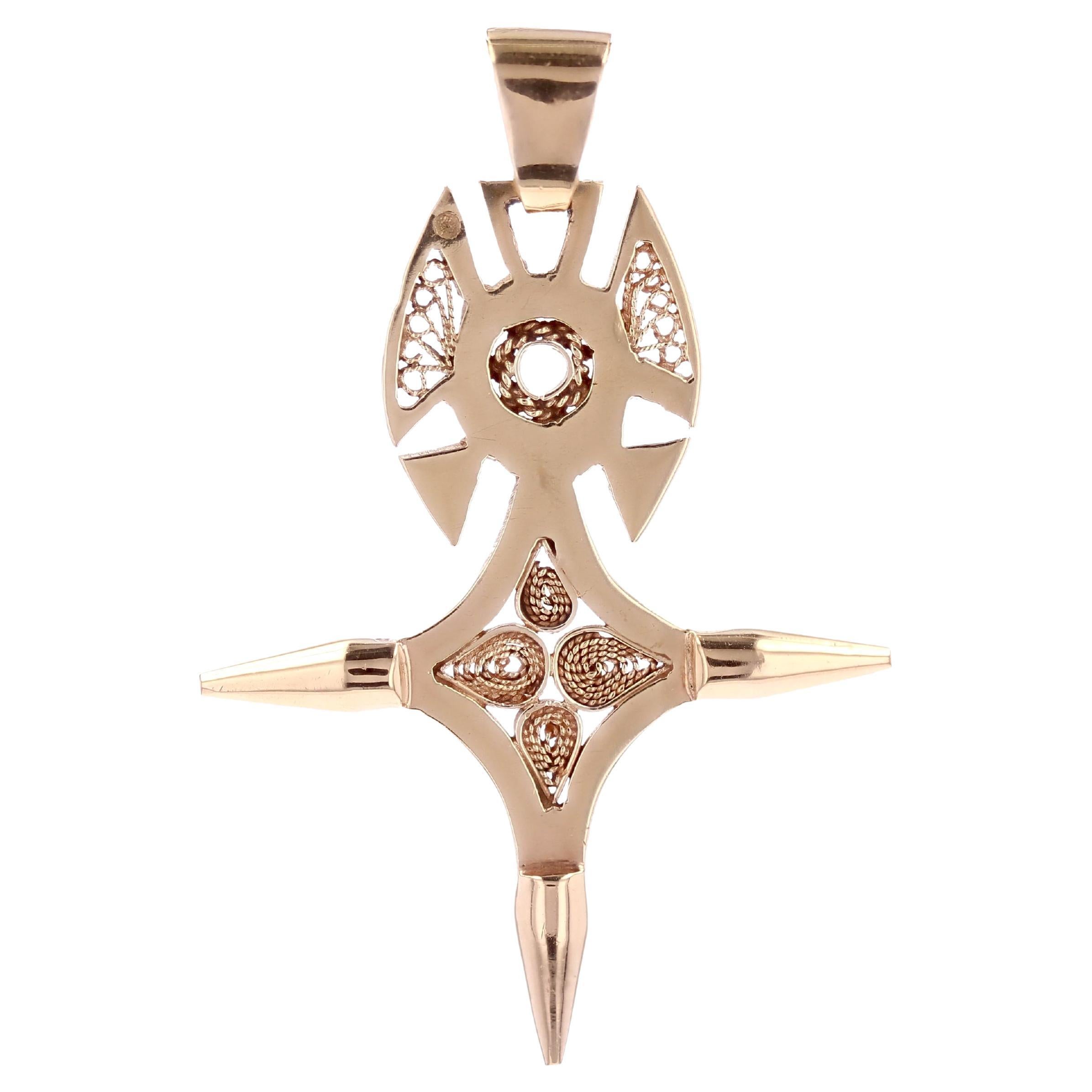 1960s Retro 18 Karat Rose Gold Filigree Agadez Cross Pendant
