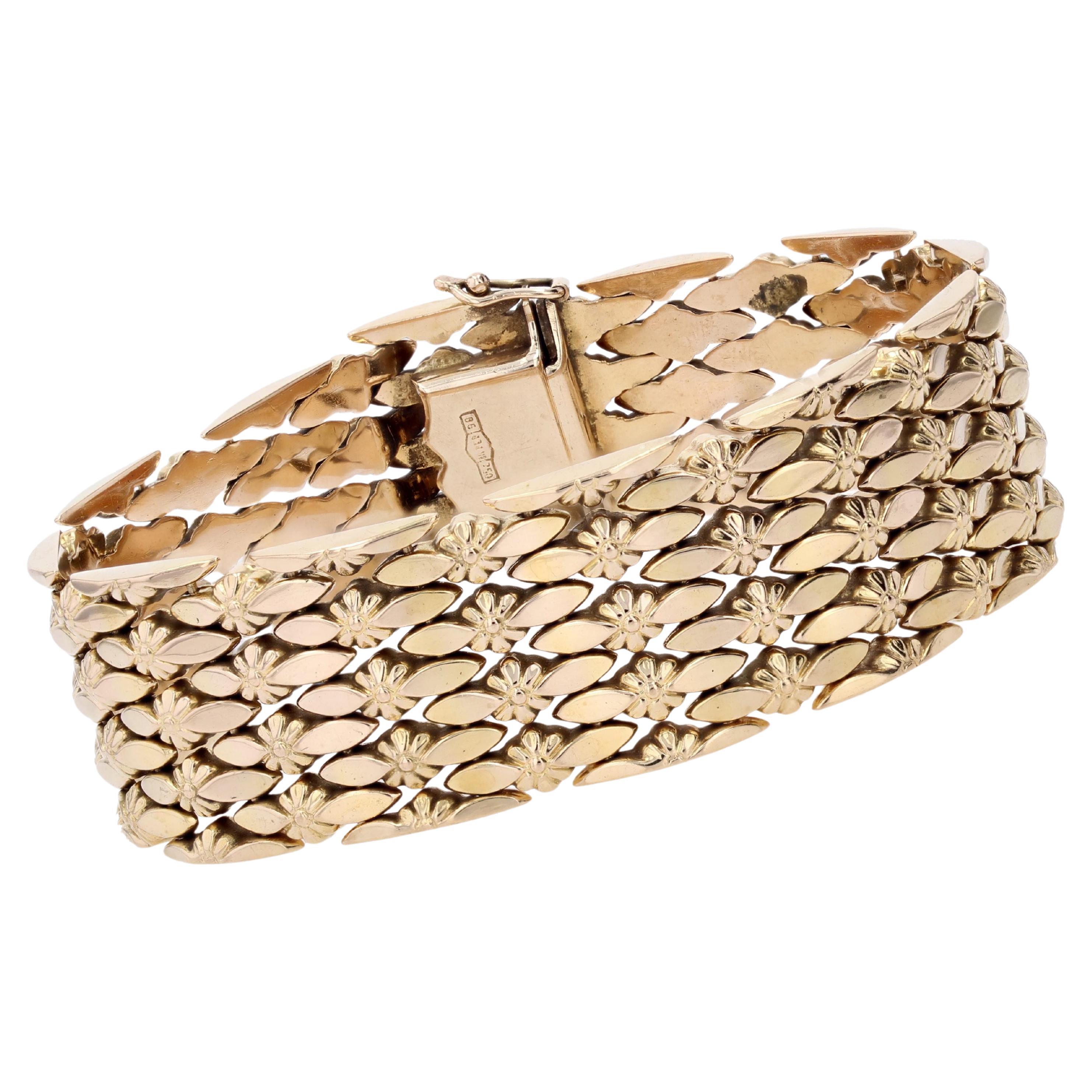 1960s Retro 18 Karat Yellow Gold Flowers Ribbon Bracelet