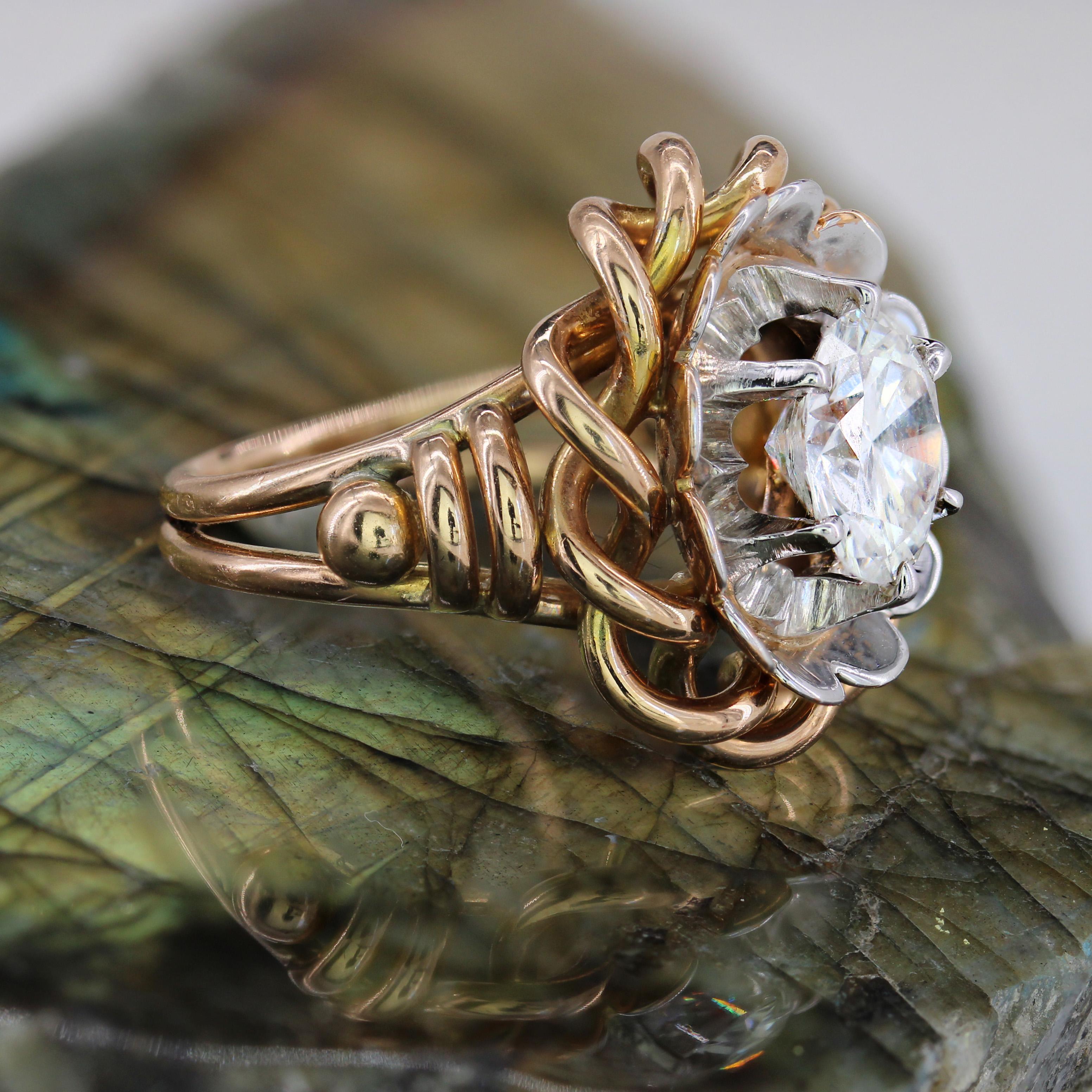 Anillo solitario retro de oro blanco amarillo de 18 quilates con diamantes de 2,06 quilates de los años 60 en venta 4