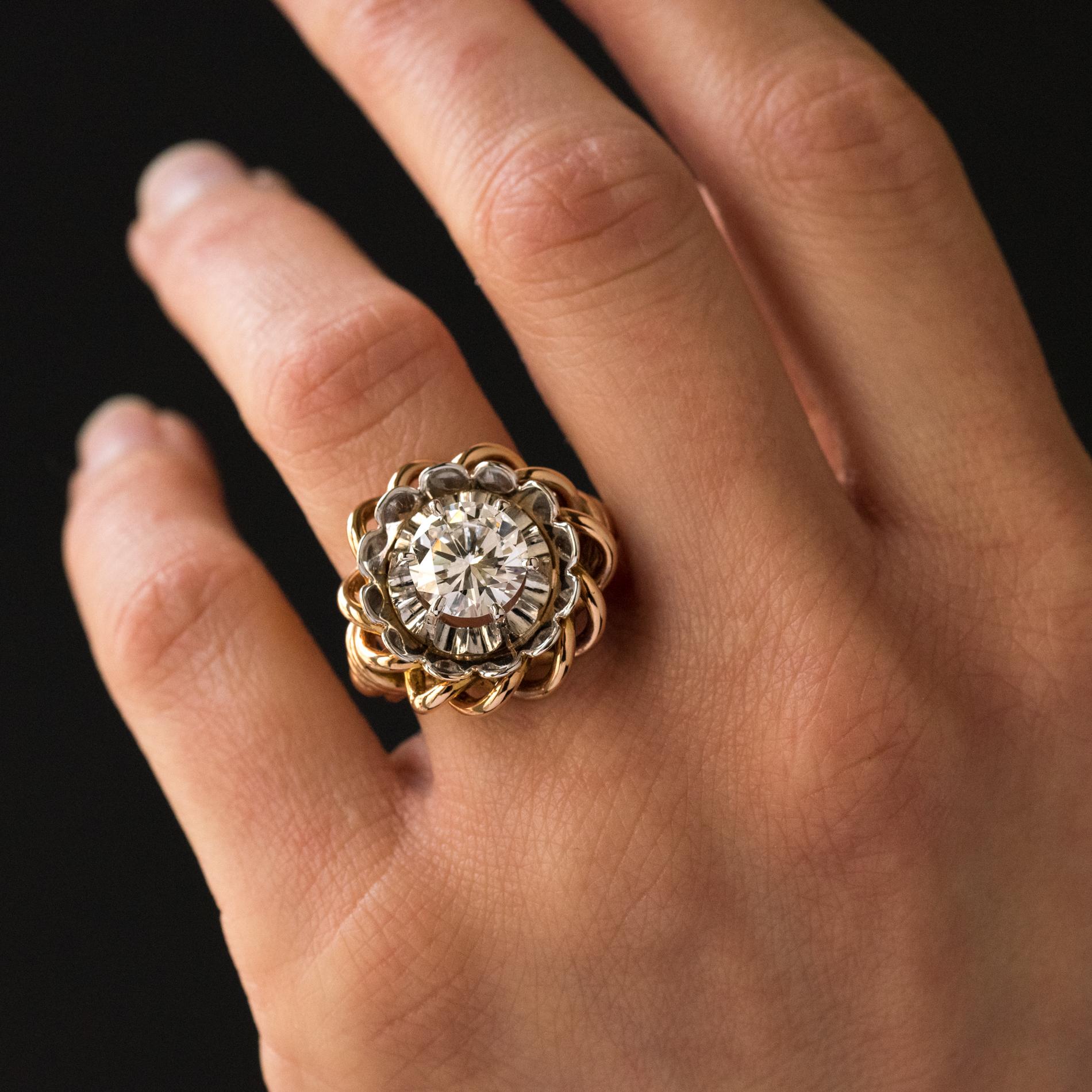 Women's 1960s Retro 2.06 Carat Diamond 18 Karat Yellow White Gold Solitary Ring For Sale